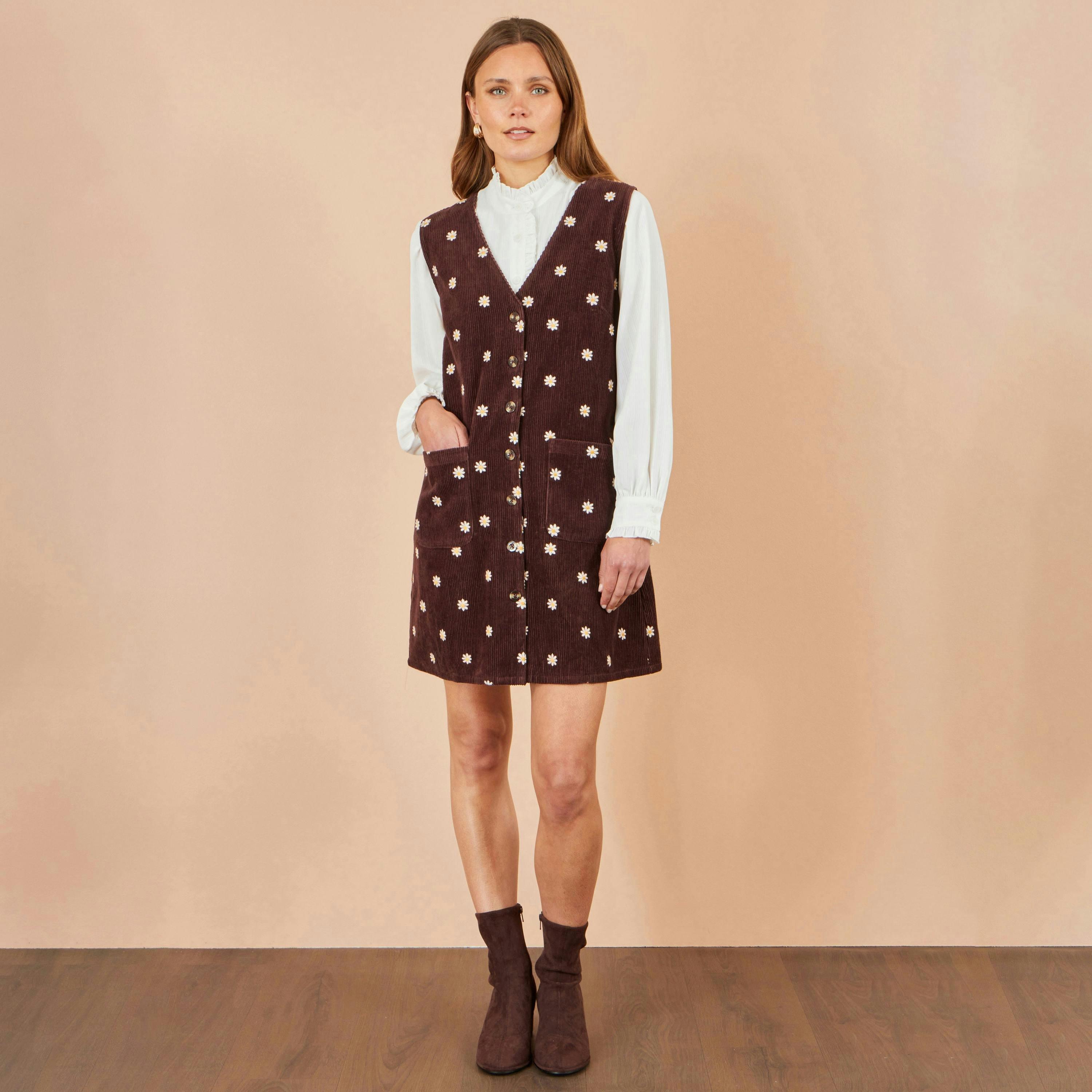 Yumi Brown Embroidered Daisy Pinafore Dress , view 3 of 5