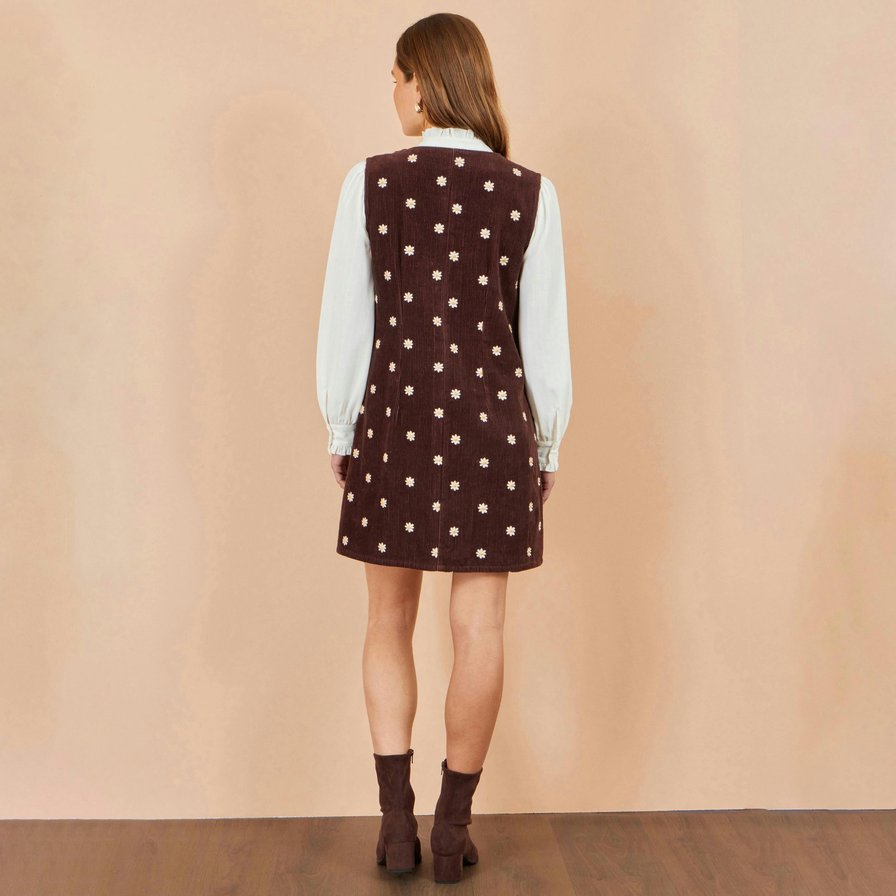 Yumi Brown Embroidered Daisy Pinafore Dress , view 4 of 5