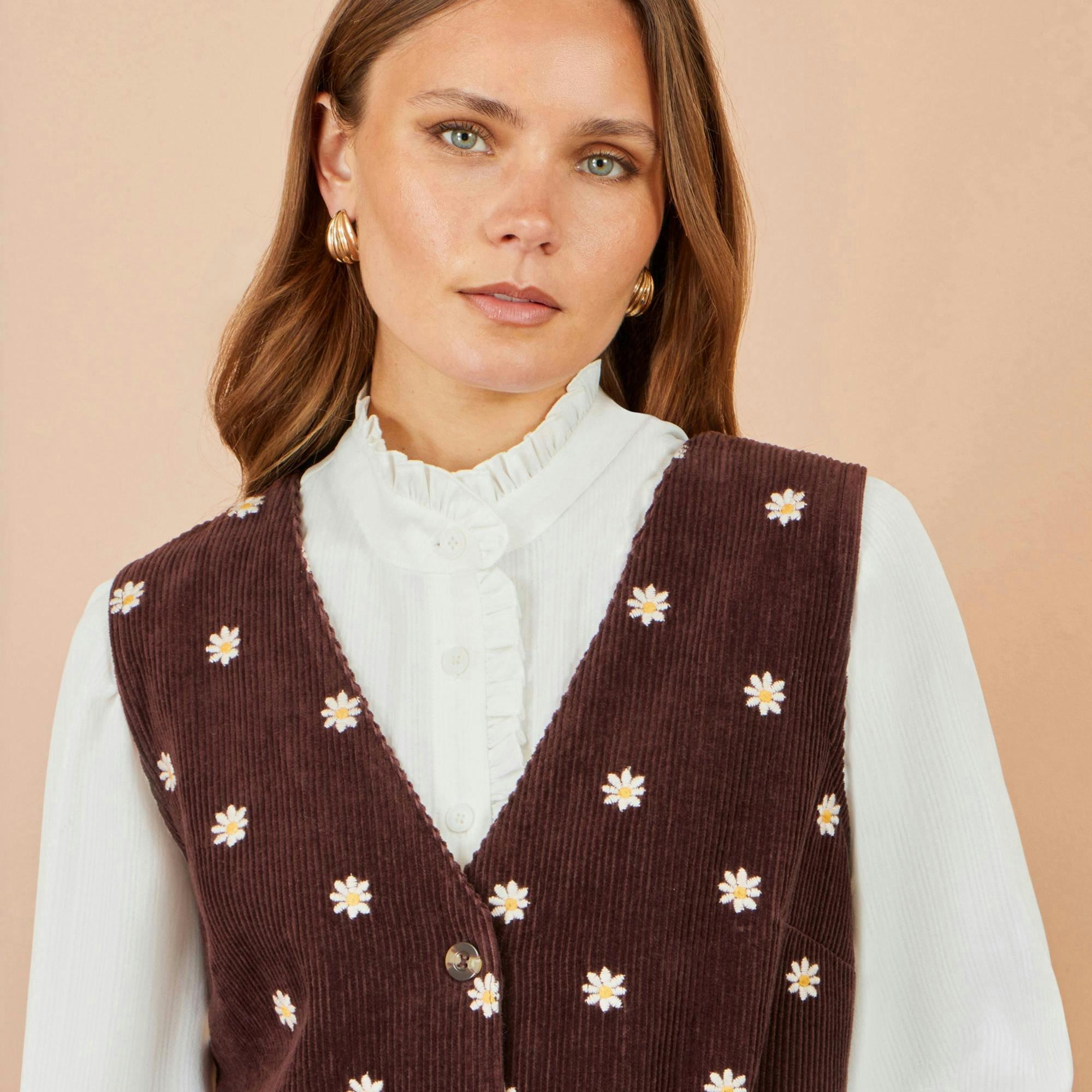Yumi Brown Embroidered Daisy Pinafore Dress , view 5 of 5
