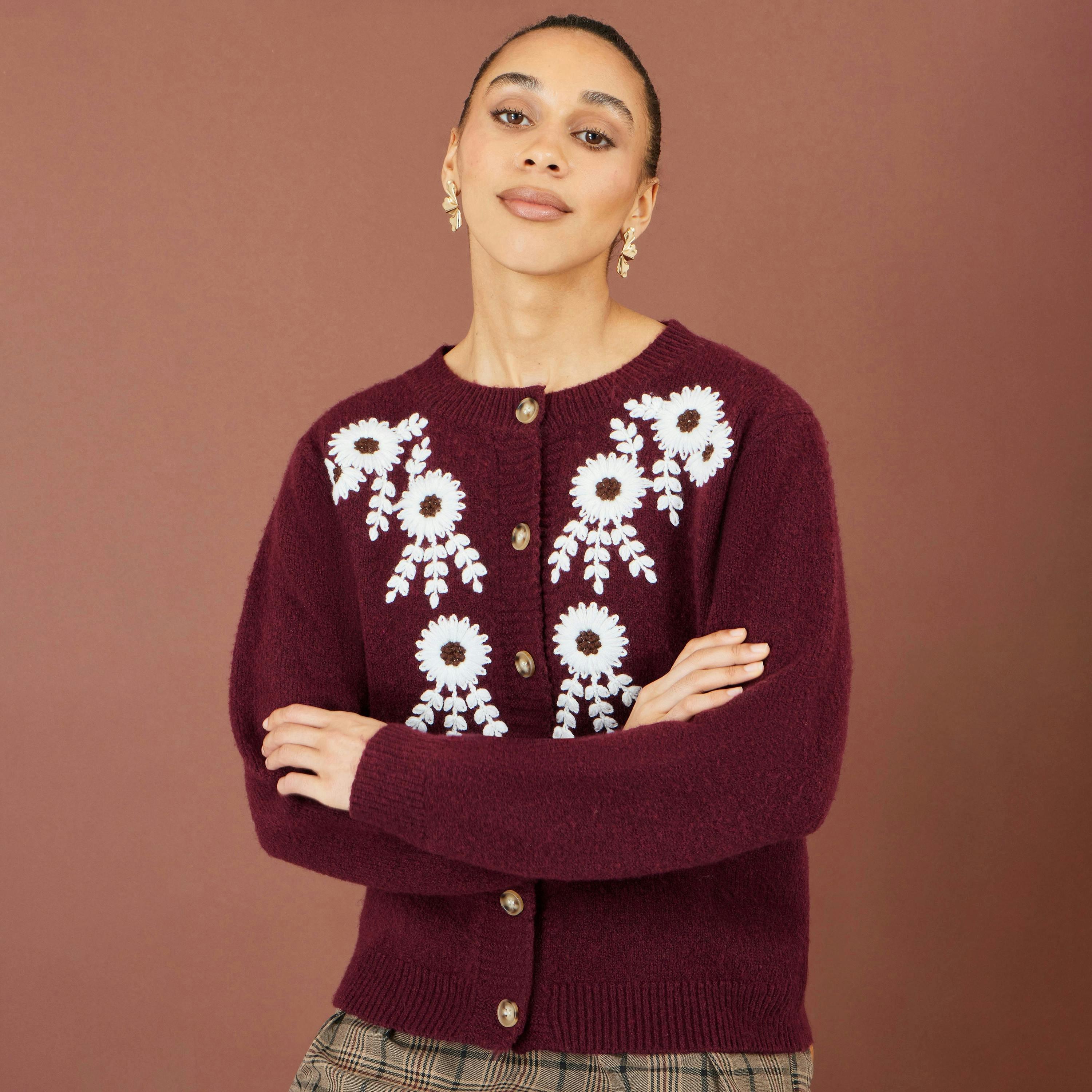 Yumi Burgundy Floral Embroidered Cardigan , view 2 of 5