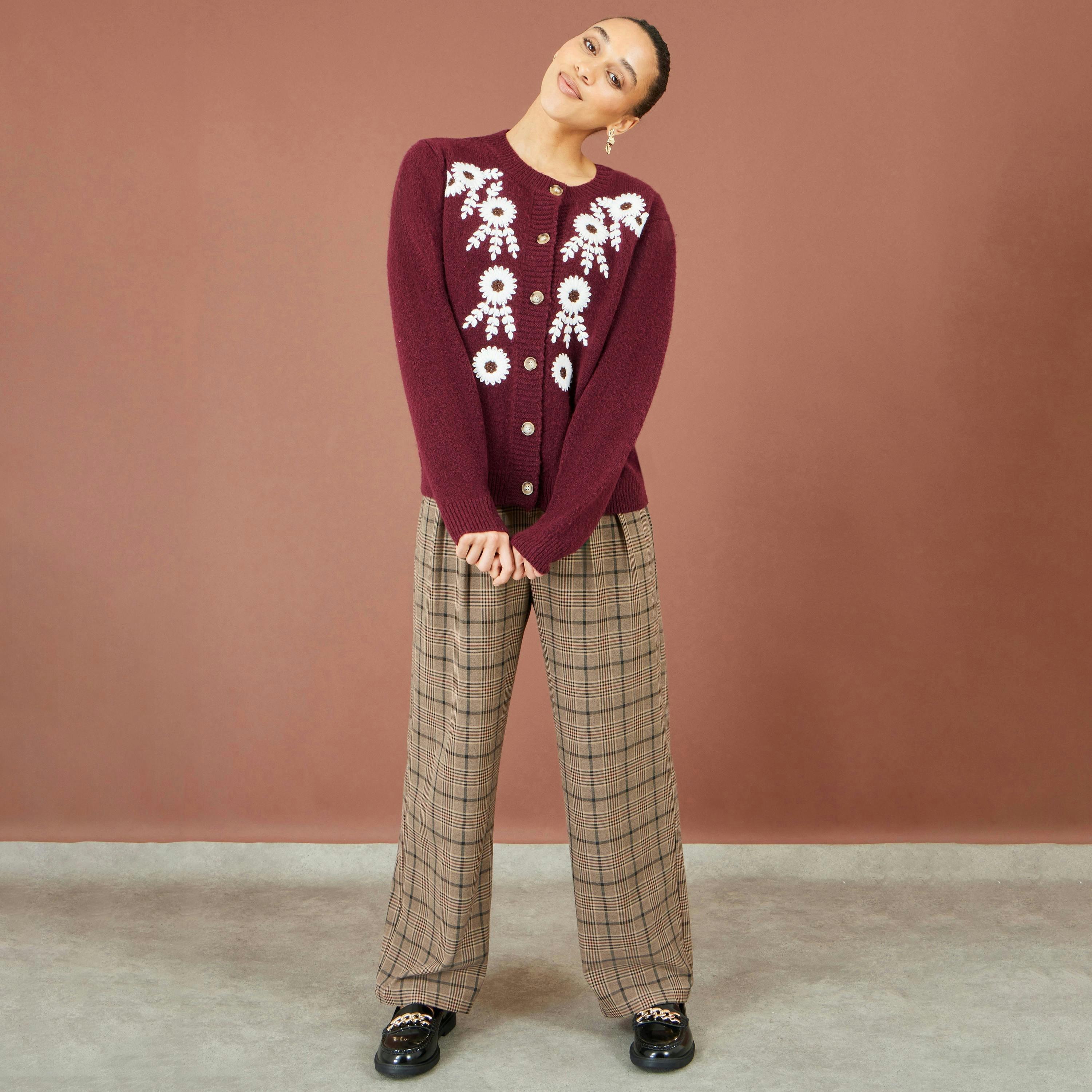 Yumi Burgundy Floral Embroidered Cardigan , view 3 of 5