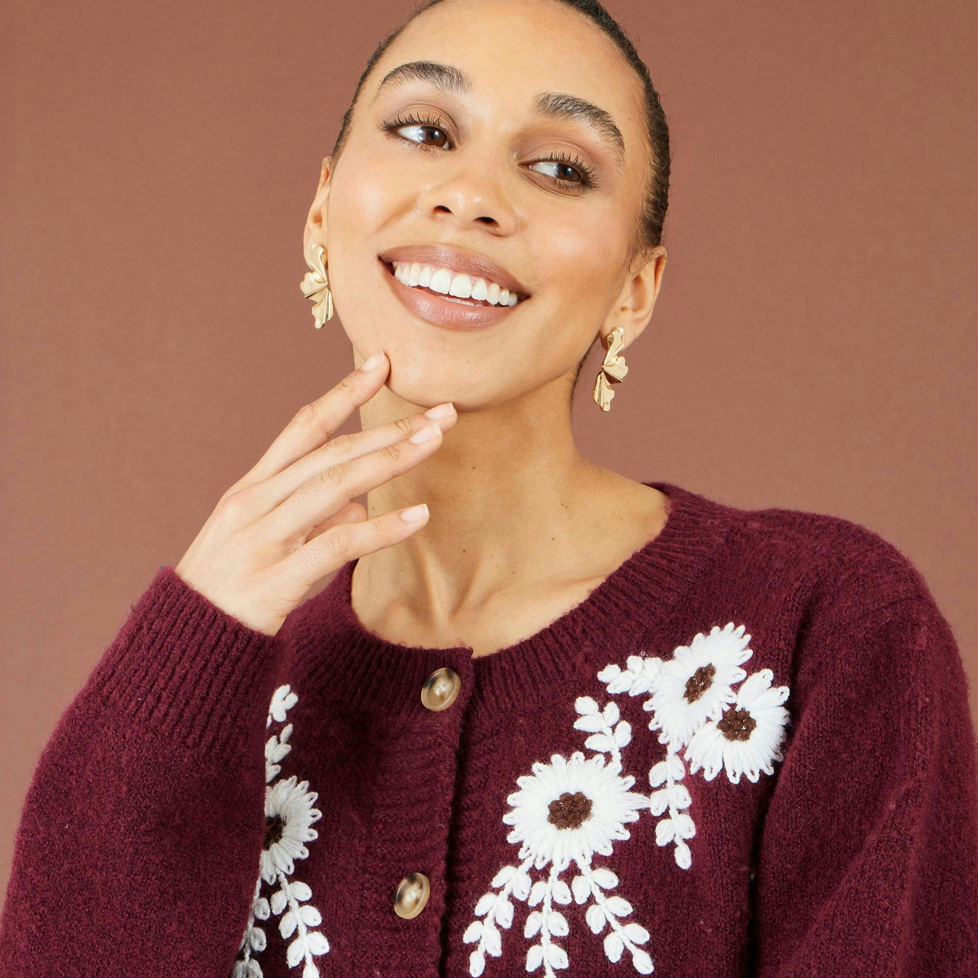 Yumi Burgundy Floral Embroidered Cardigan , view 5 of 5