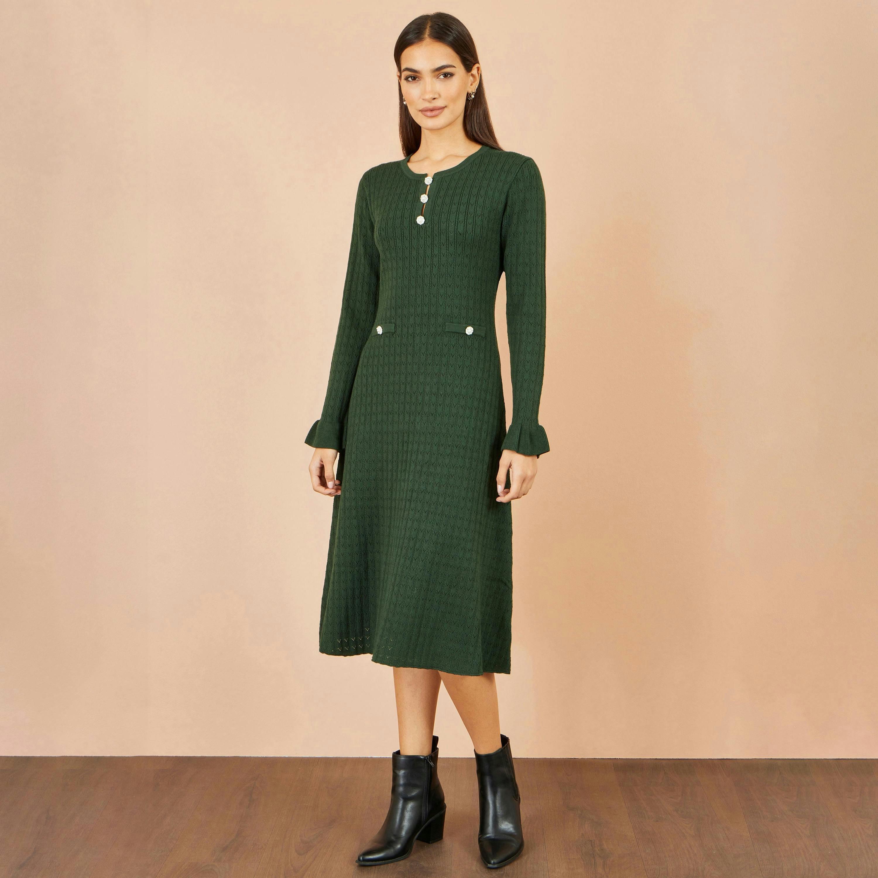 Yumi Green Viscose Knitted Midi Dress With Buttons , view 2 of 5