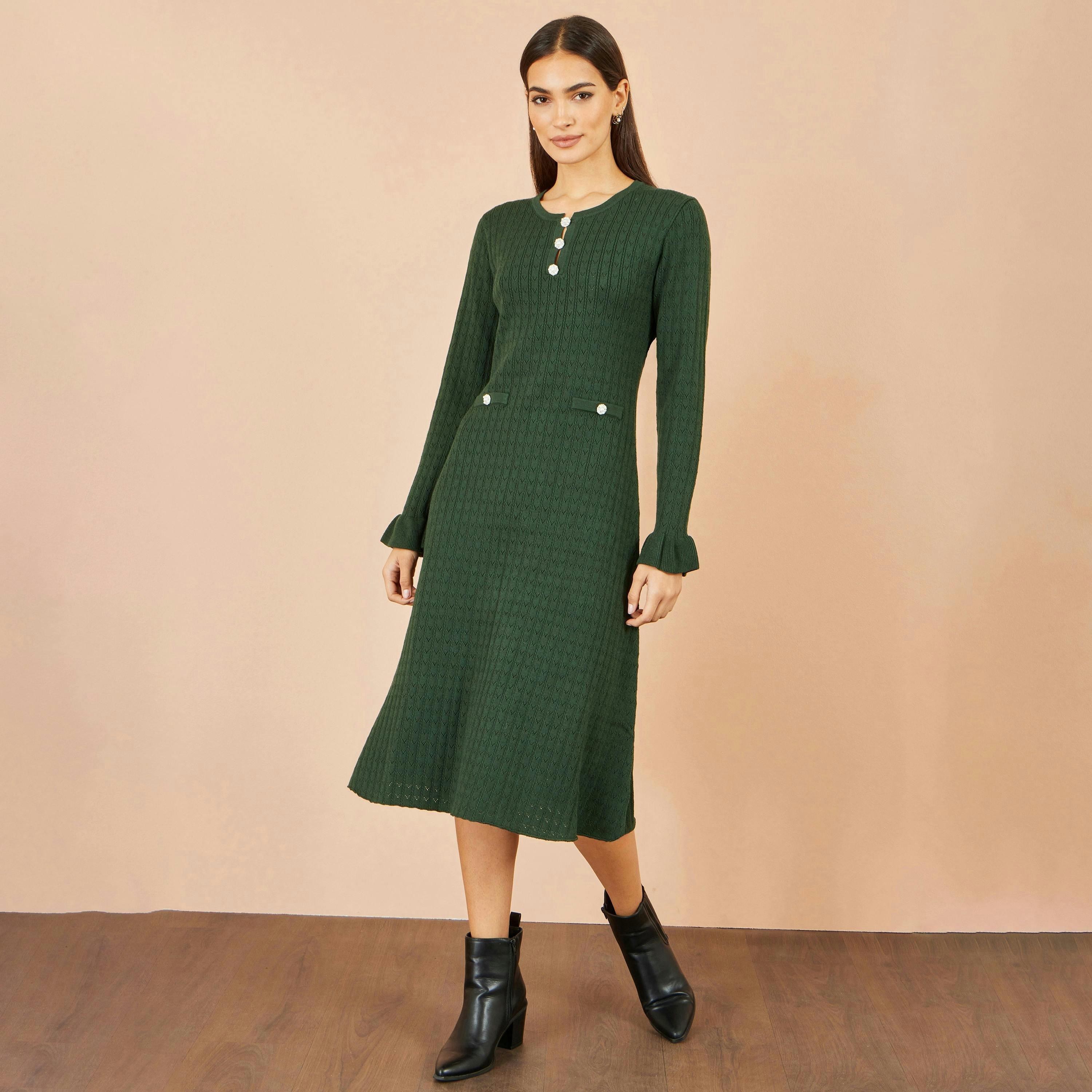 Yumi Green Viscose Knitted Midi Dress With Buttons , view 3 of 5