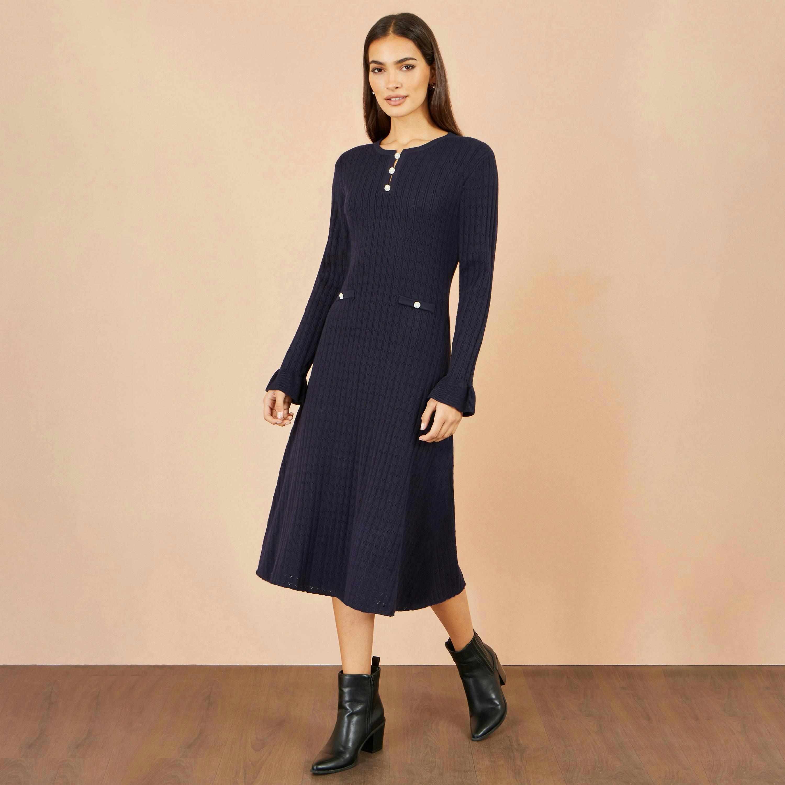 Yumi Navy Viscose Knitted Midi Dress With Buttons , view 2 of 4