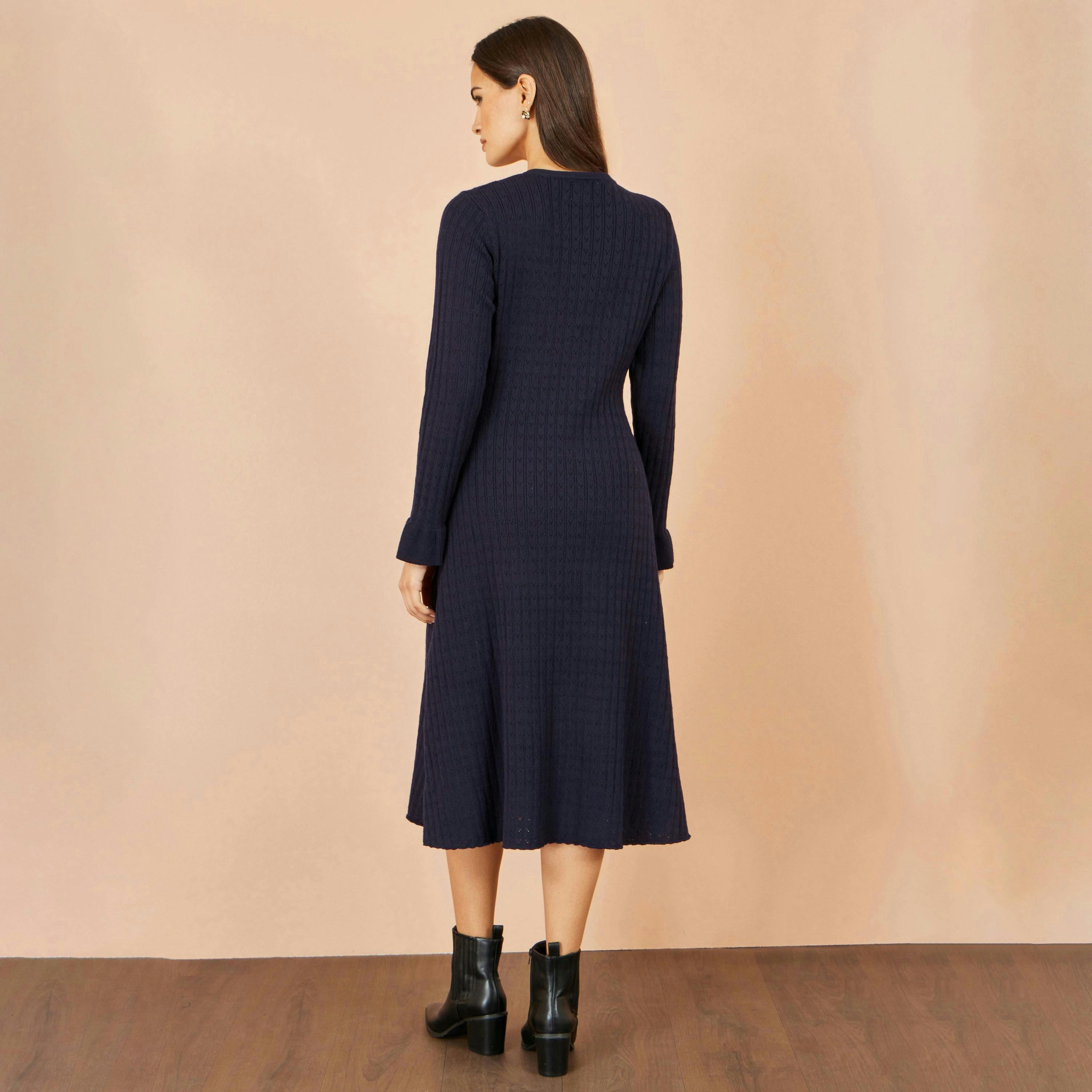 Yumi Navy Viscose Knitted Midi Dress With Buttons , view 3 of 4