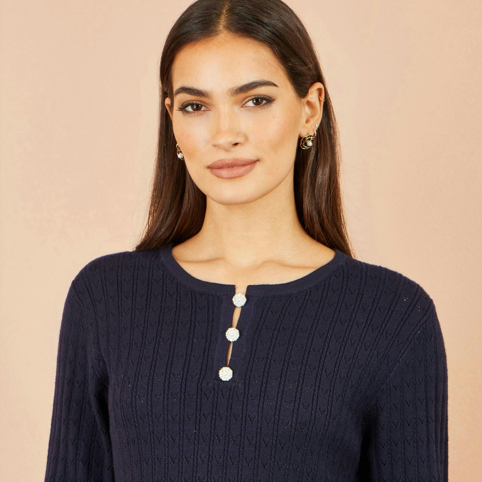 Yumi Navy Viscose Knitted Midi Dress With Buttons , view 4 of 4
