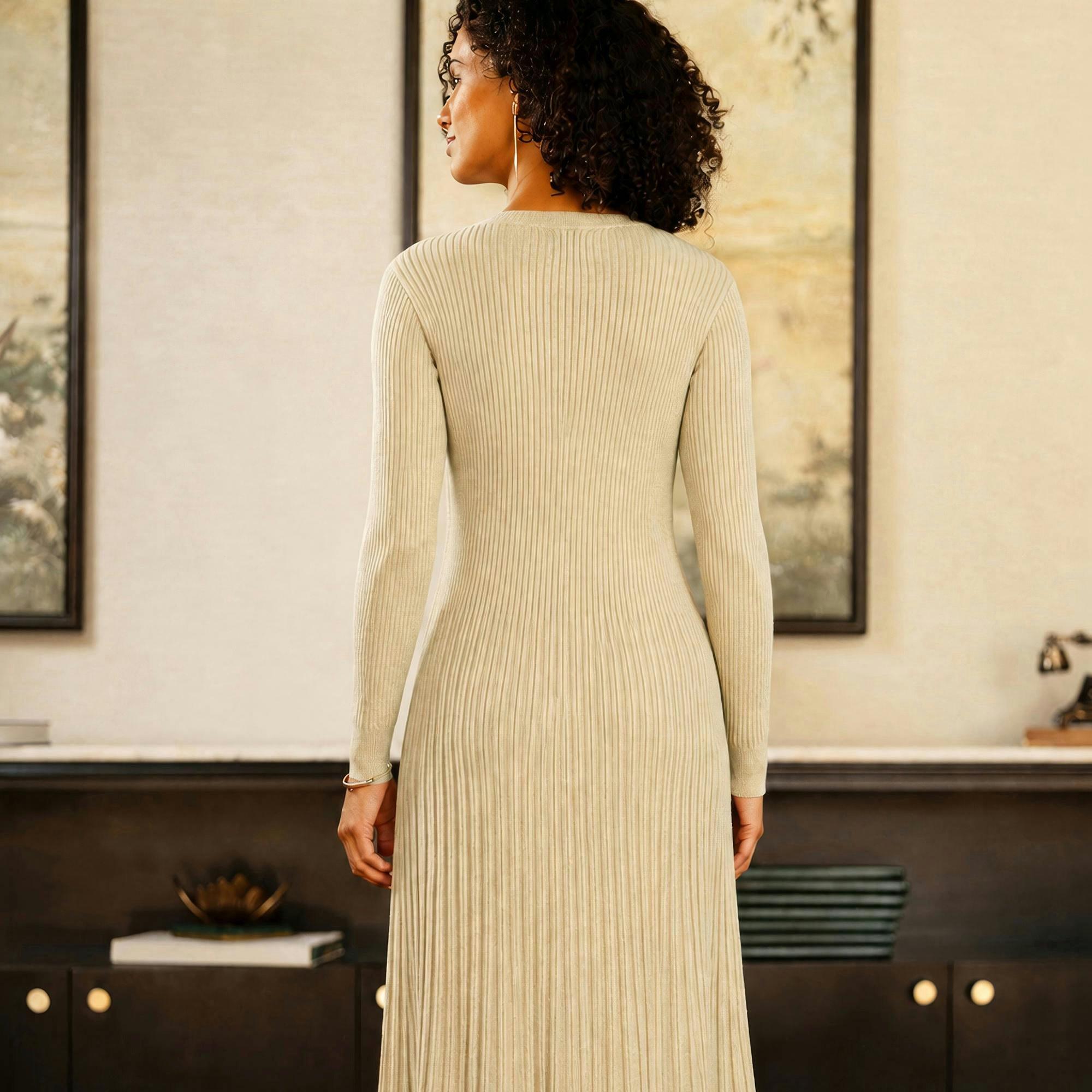 Yumi Beige Viscose Knitted Midi Ribbed Dress , view 3 of 4