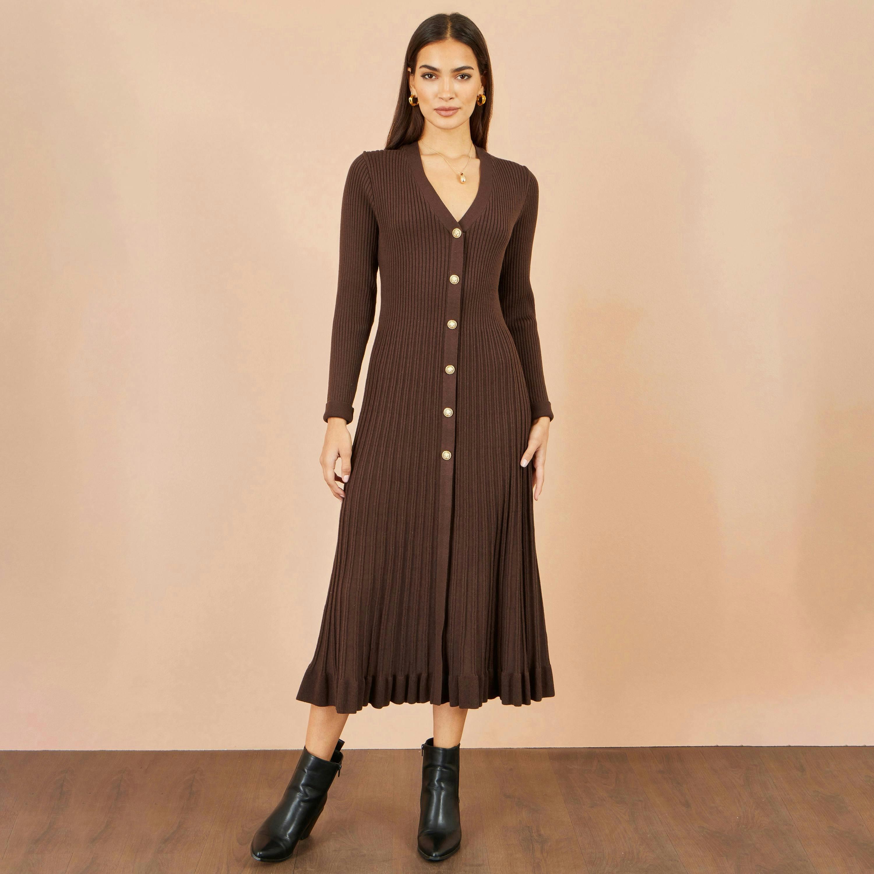 Yumi Brown Viscose Knitted Midi Ribbed Dress , view 2 of 5