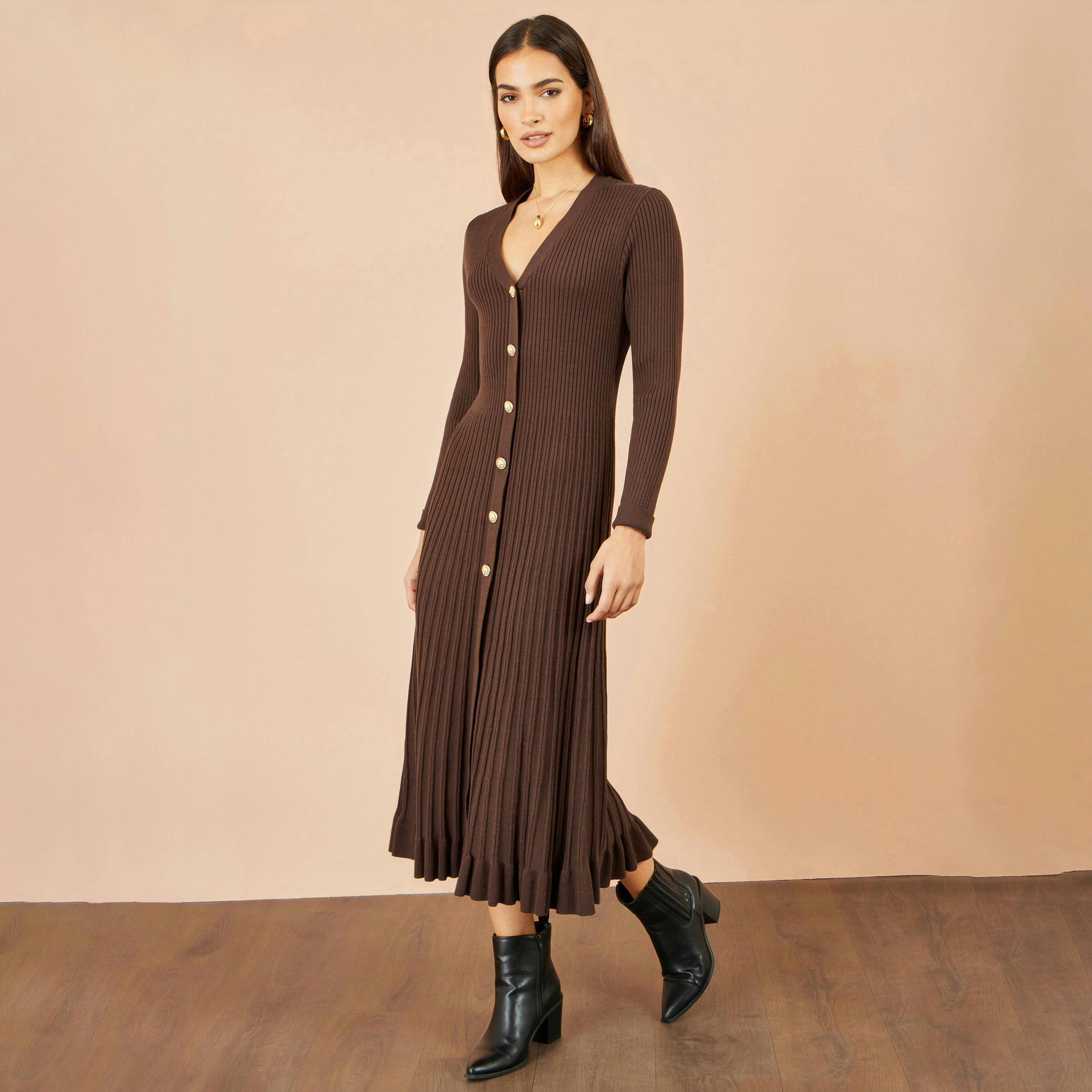 Yumi Brown Viscose Knitted Midi Ribbed Dress , view 3 of 5