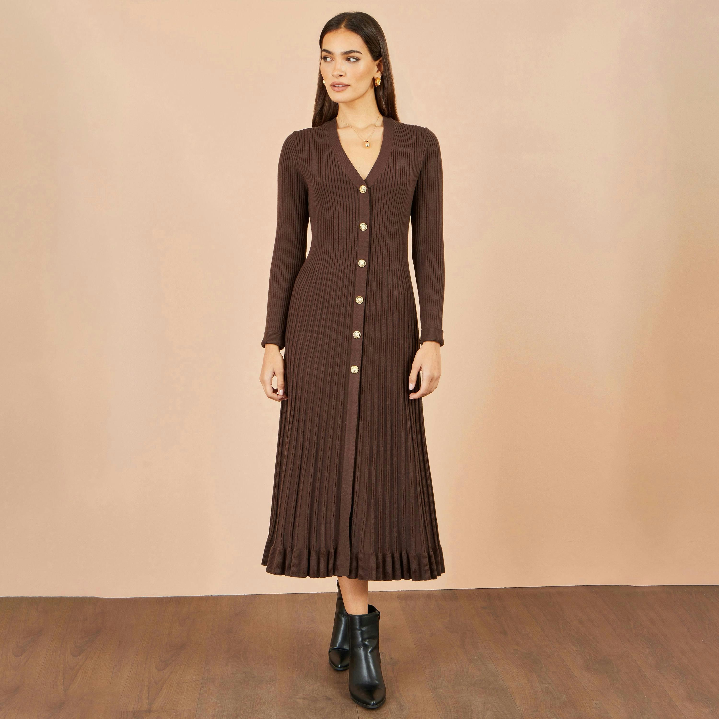 Yumi Brown Viscose Knitted Midi Ribbed Dress , view 4 of 5