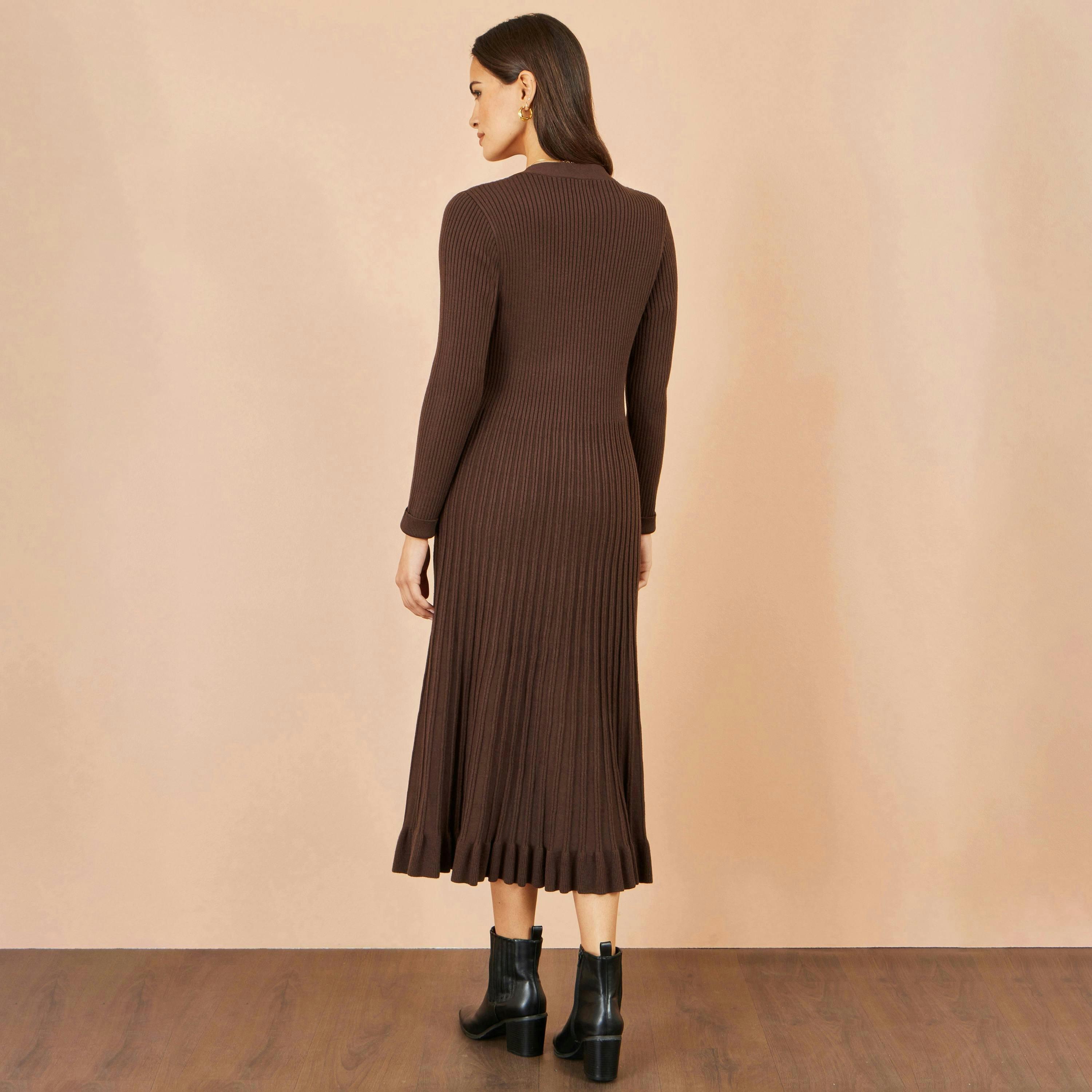 Yumi Brown Viscose Knitted Midi Ribbed Dress , view 5 of 5