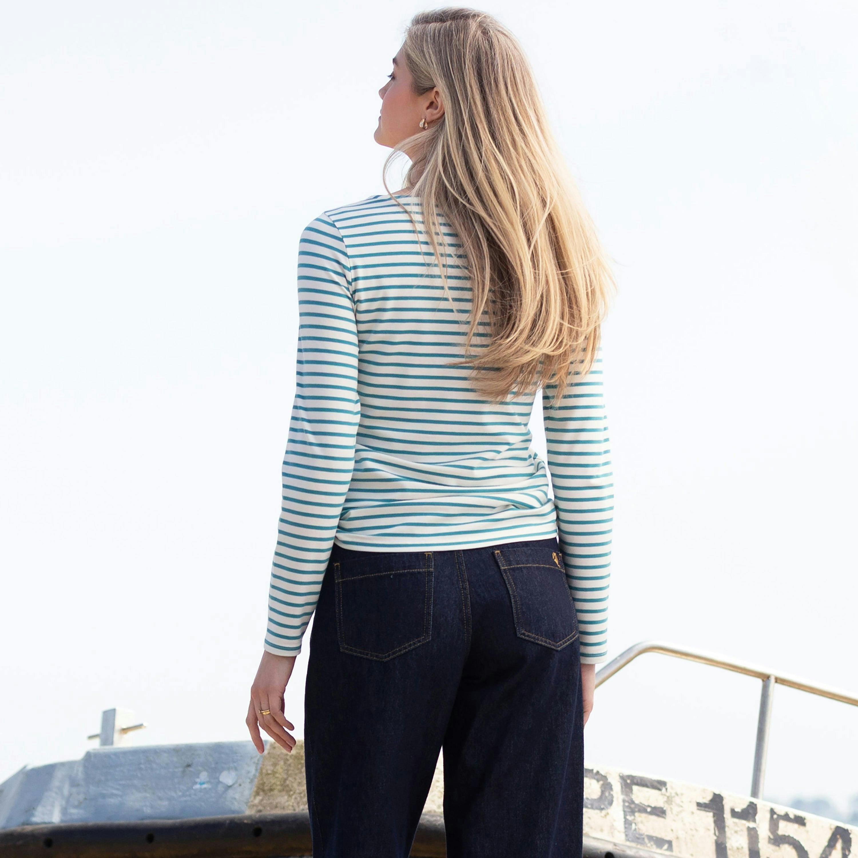 Organic Tarrant Jersey T-Shirt Teal Blue Stripe , view 4 of 4