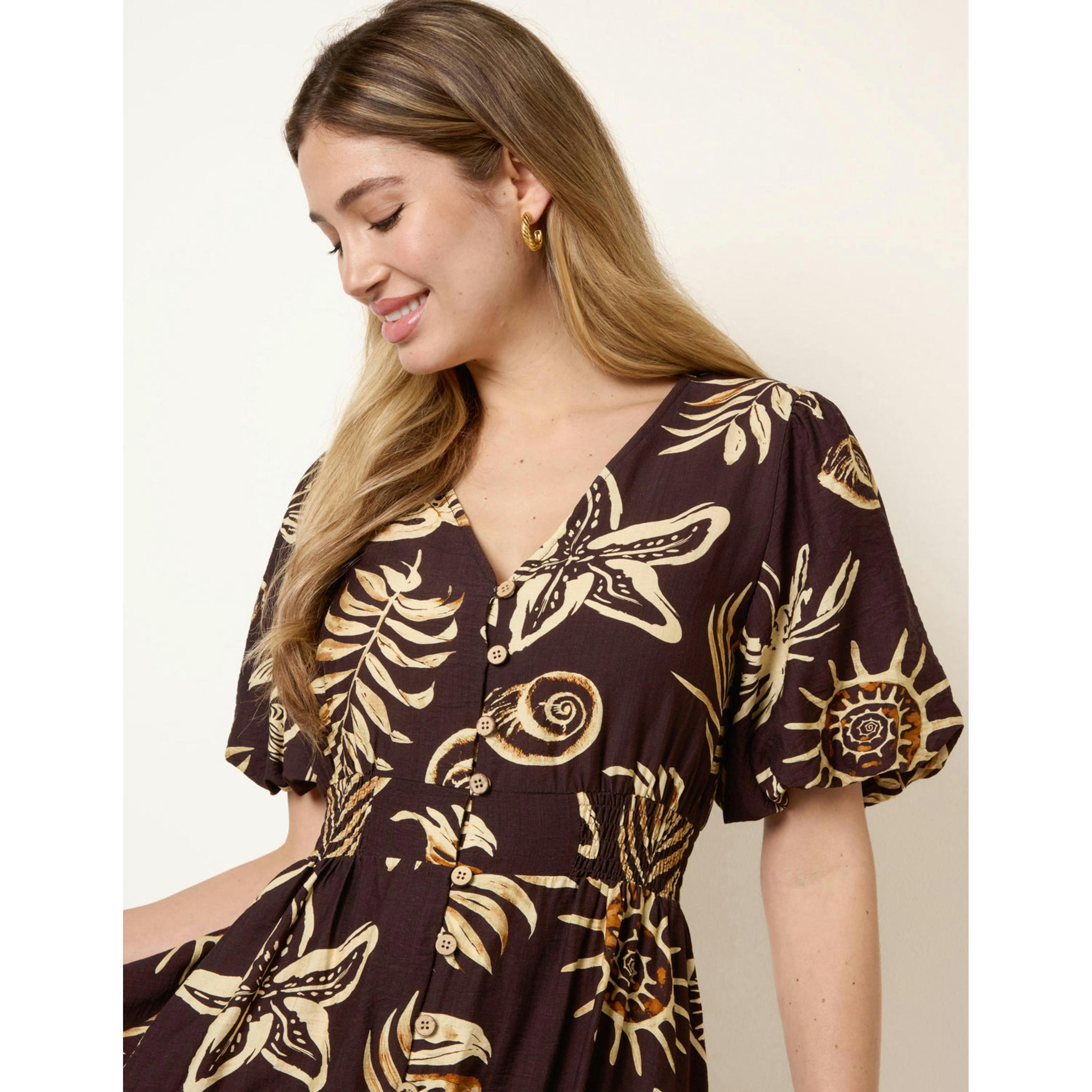 Blue Vanilla Tropical Button Through Midi Dress  in Brown , view 3 of 4