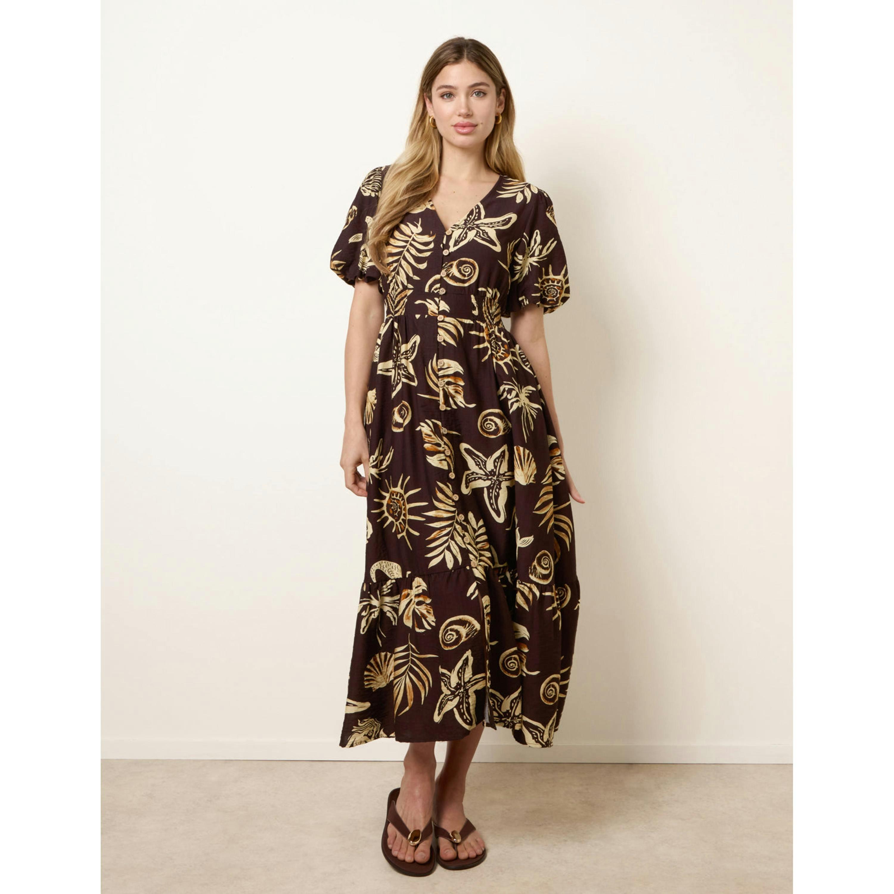 Blue Vanilla Tropical Button Through Midi Dress  in Brown , view 4 of 4