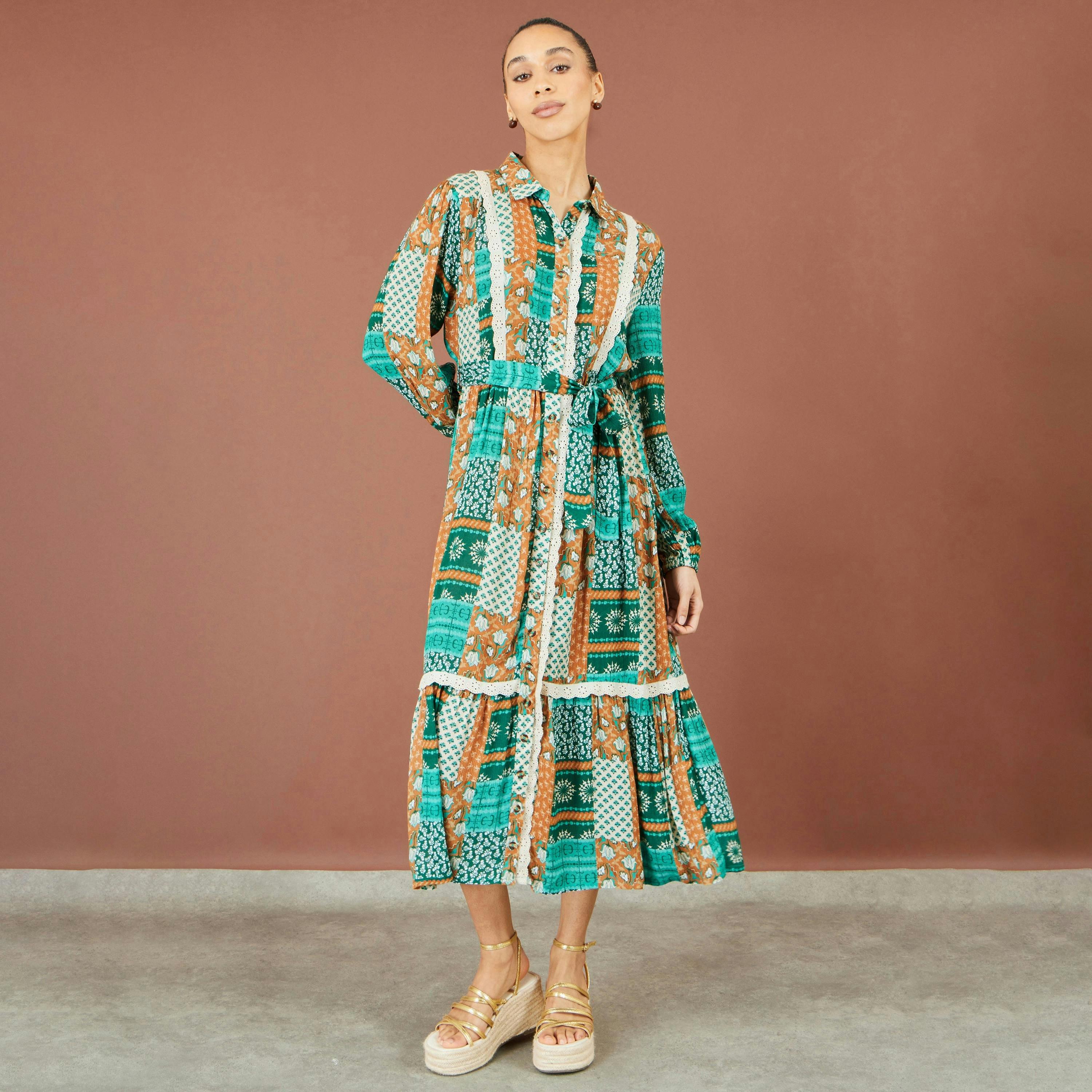 Yumi Multicolour Patchwork Viscose Midi Shirt Dress , view 2 of 5