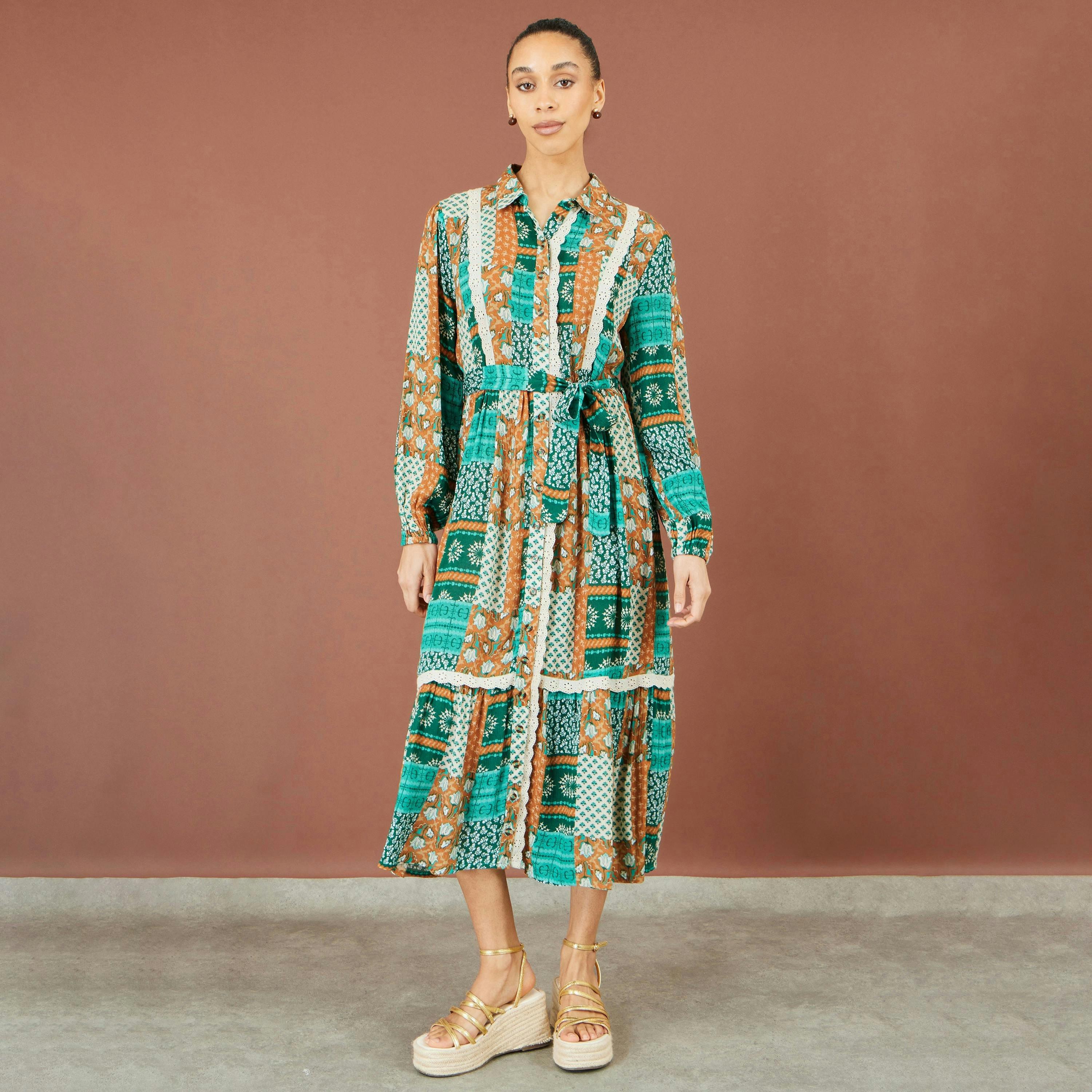 Yumi Multicolour Patchwork Viscose Midi Shirt Dress , view 3 of 5