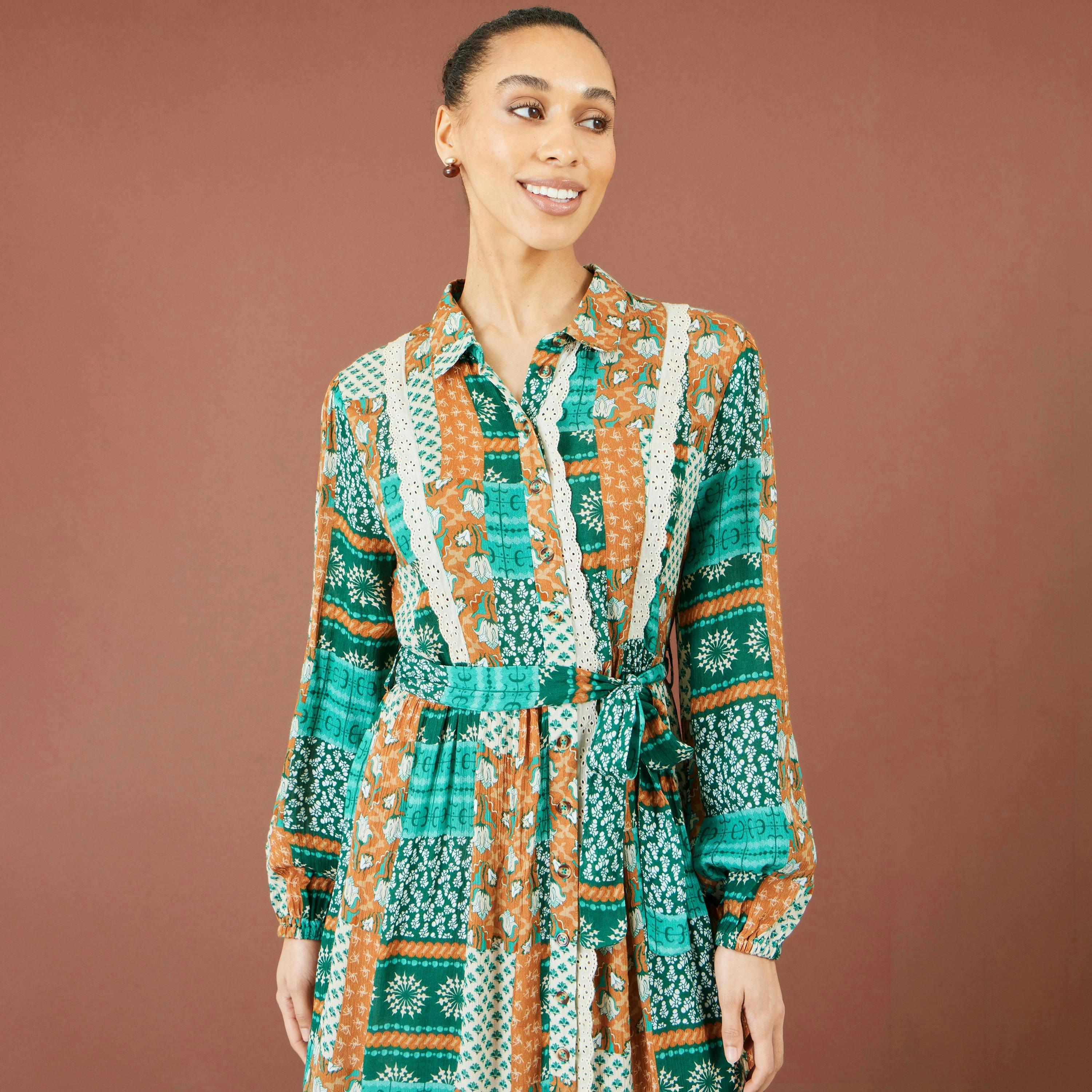 Yumi Multicolour Patchwork Viscose Midi Shirt Dress , view 5 of 5