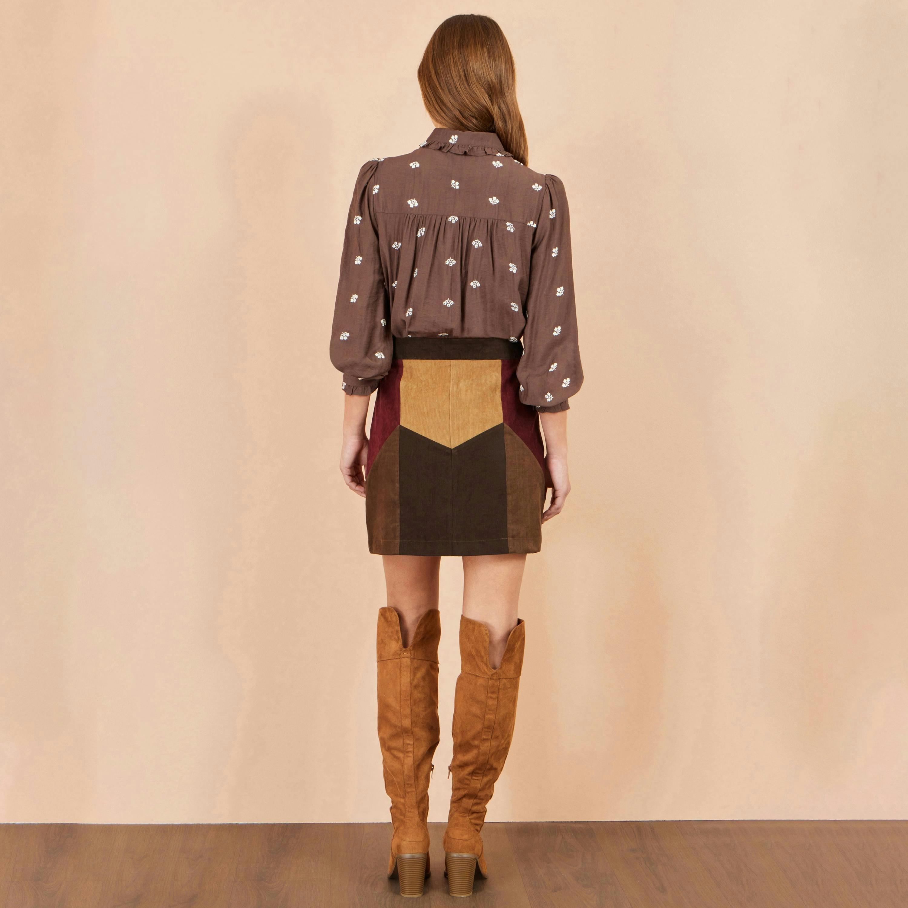 Yumi Multicolour Patchwork Cord Mini Skirt , view 2 of 3