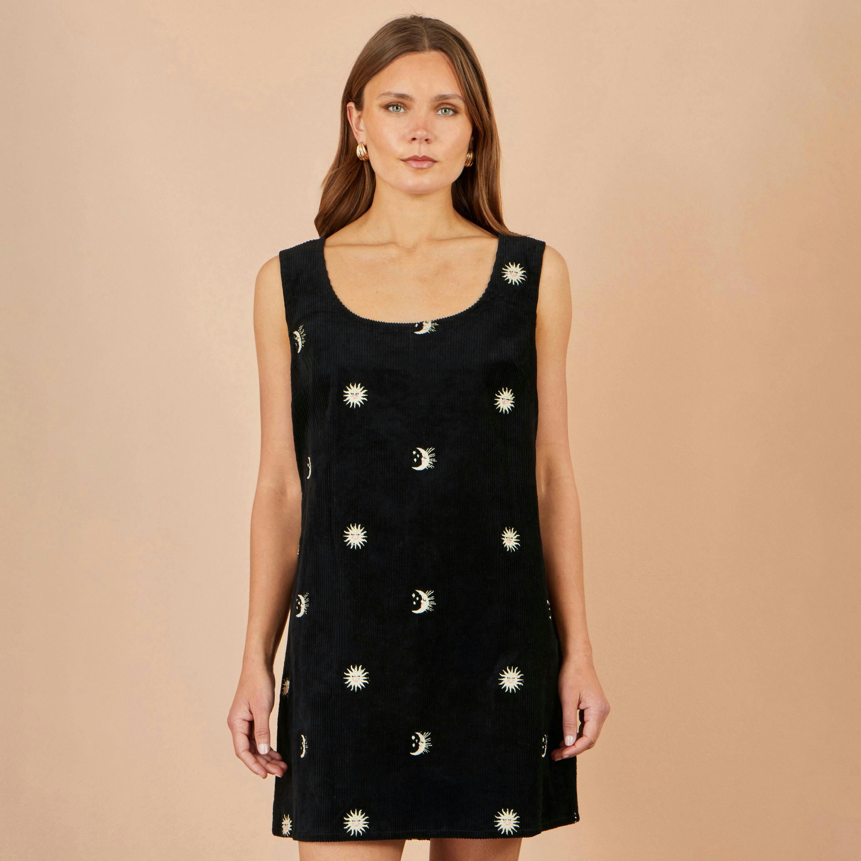 Yumi Black Cotton Cosmic Cord Pinafore Dress , view 2 of 6
