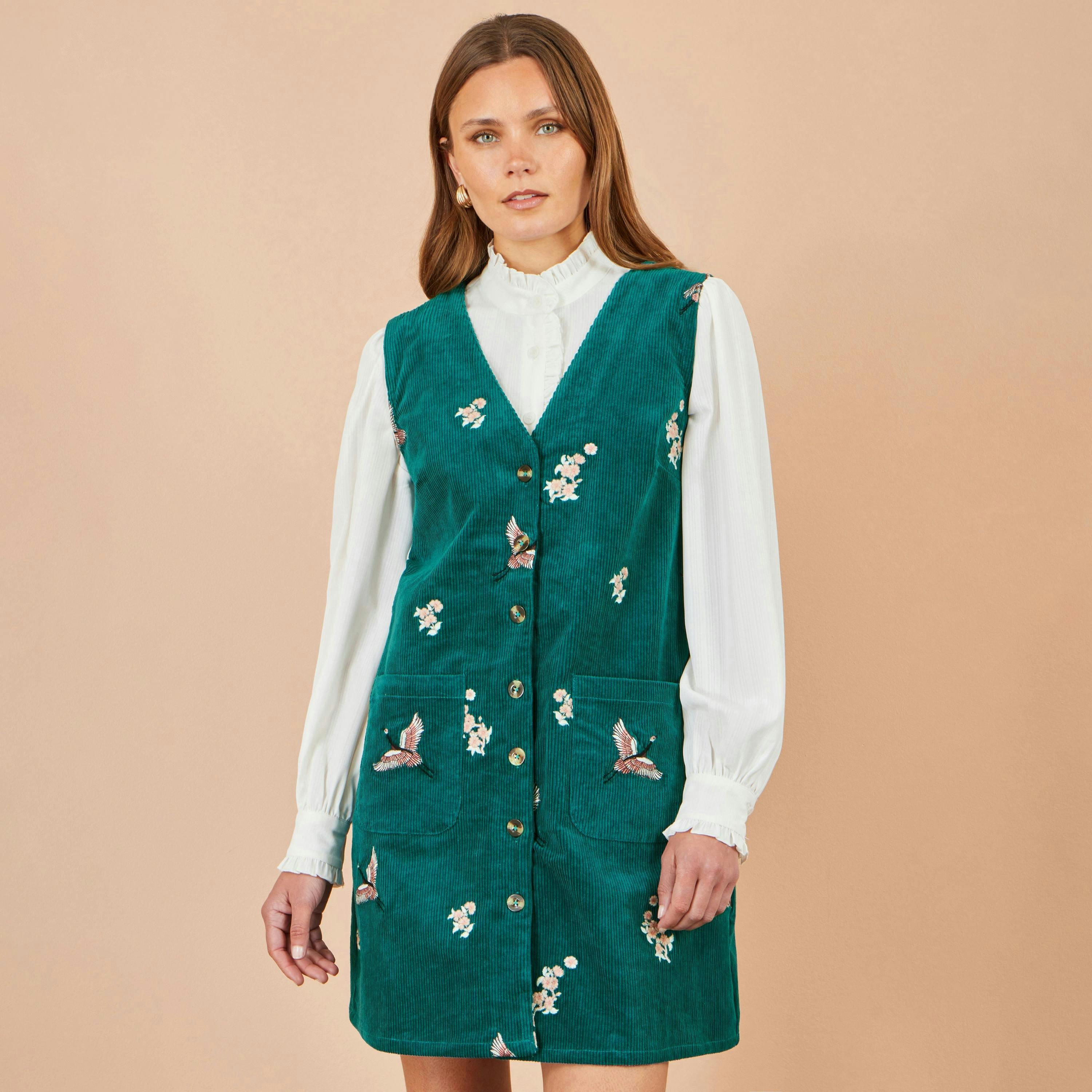 Yumi Teal Crane Embroidery Button Up Pinafore Dress , view 2 of 5