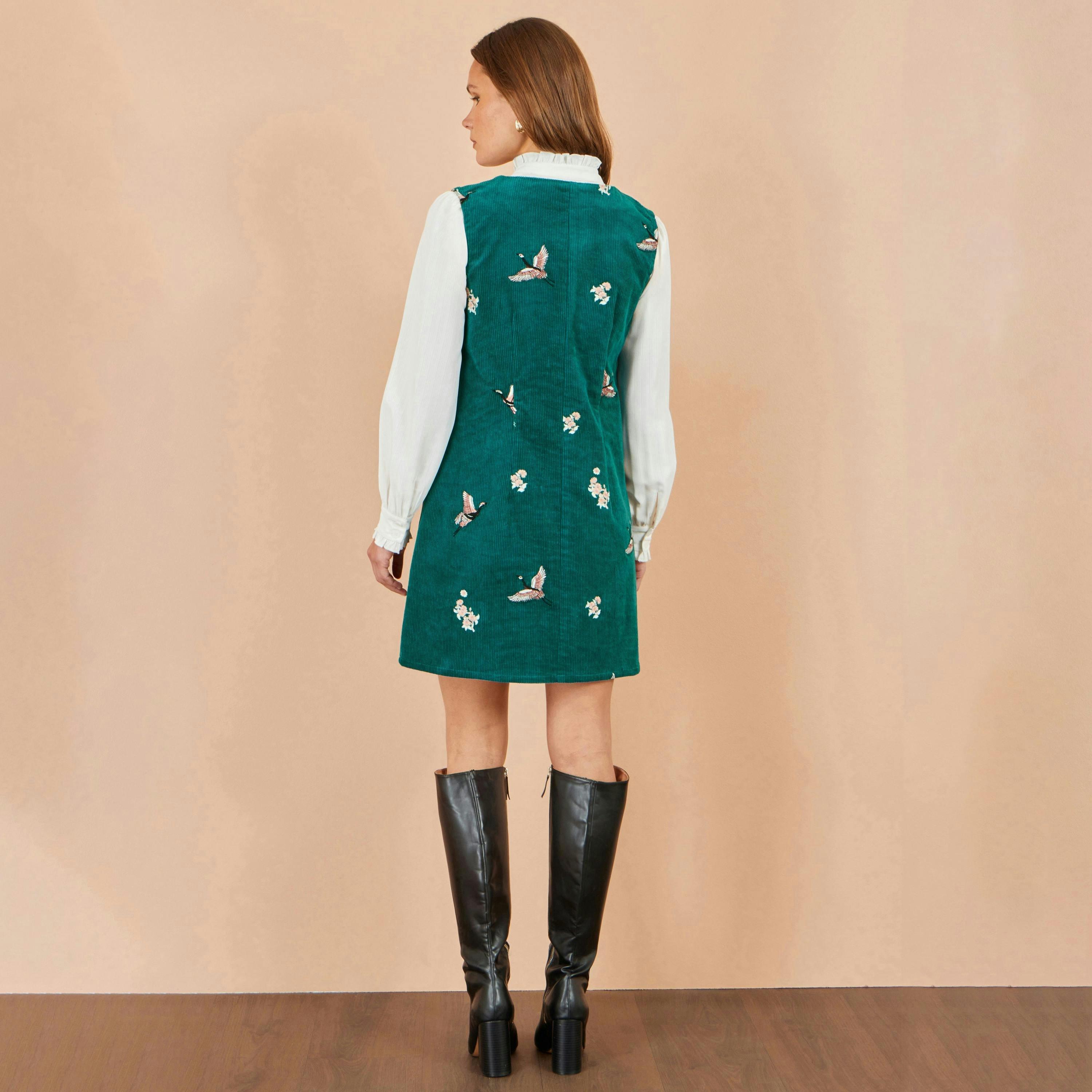 Yumi Teal Crane Embroidery Button Up Pinafore Dress , view 4 of 5