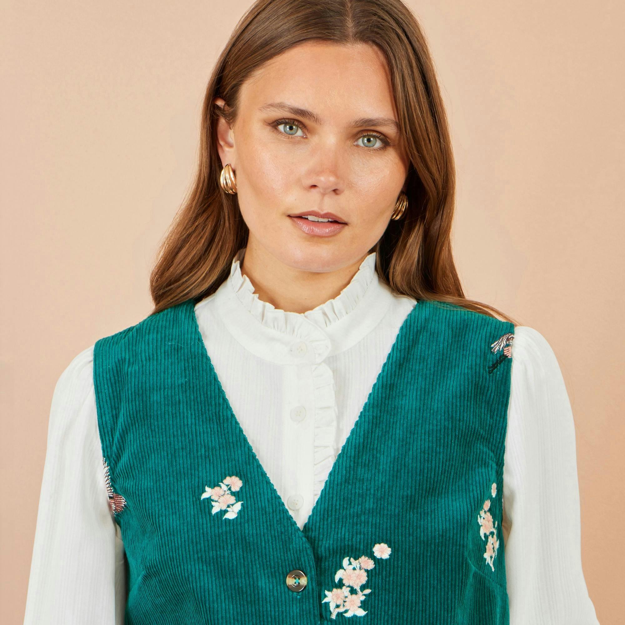 Yumi Teal Crane Embroidery Button Up Pinafore Dress , view 5 of 5