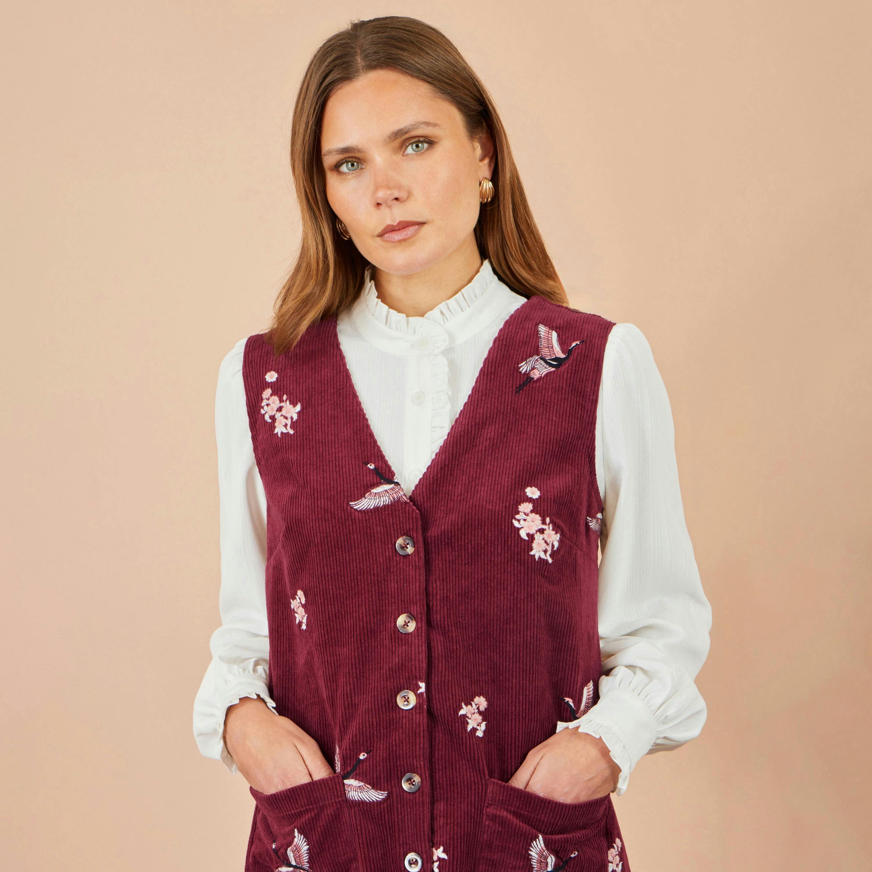 Yumi Burgundy Crane Embroidery Button Up Pinafore Dress , view 4 of 4