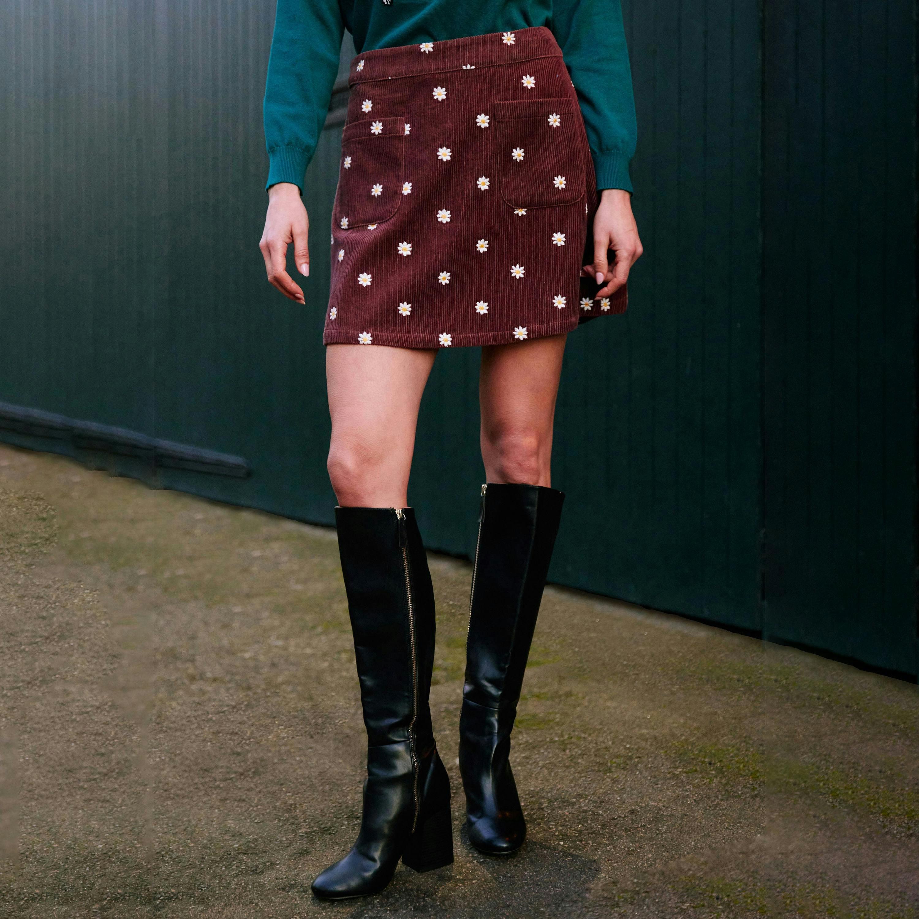 Yumi Brown Daisy Embroidered Cord Mini Skirt , view 2 of 6