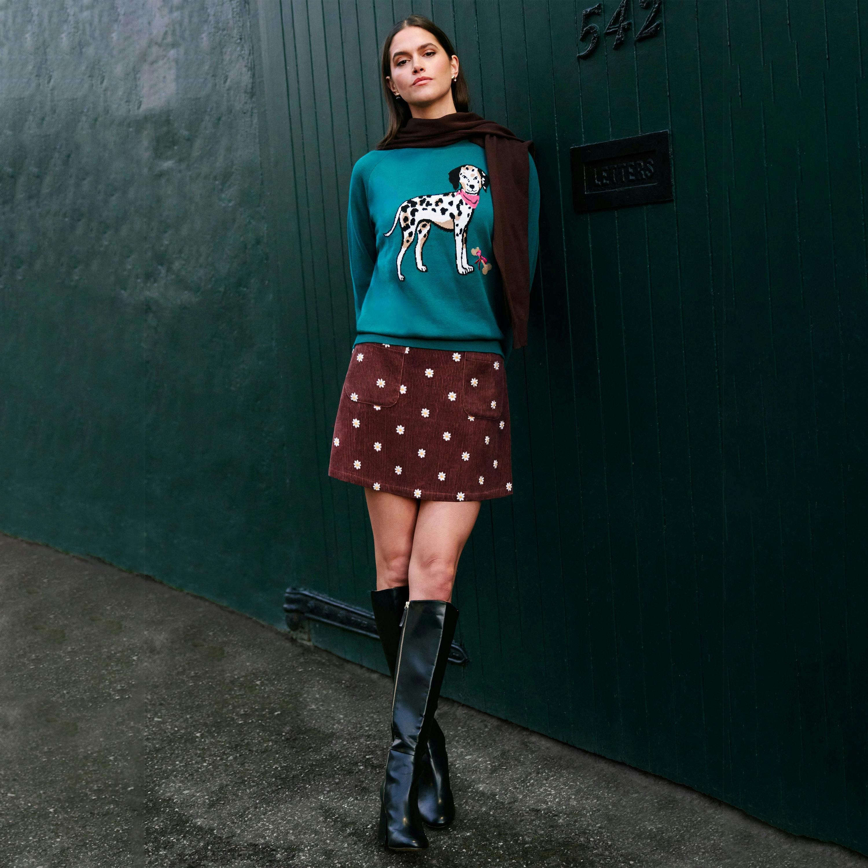Yumi Brown Daisy Embroidered Cord Mini Skirt , view 3 of 6