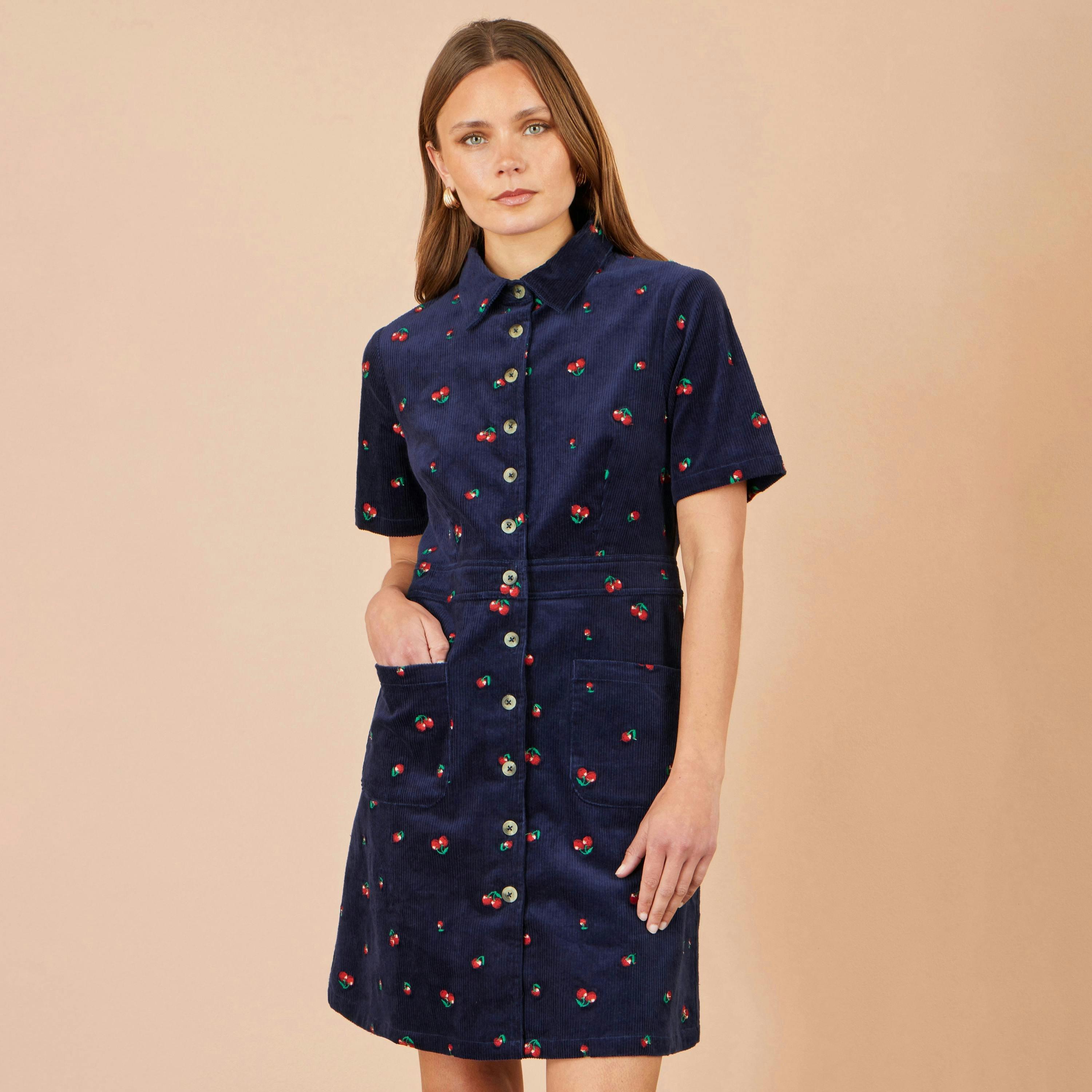 Yumi Navy Embroidered Cherry Shirt Dress , view 2 of 5
