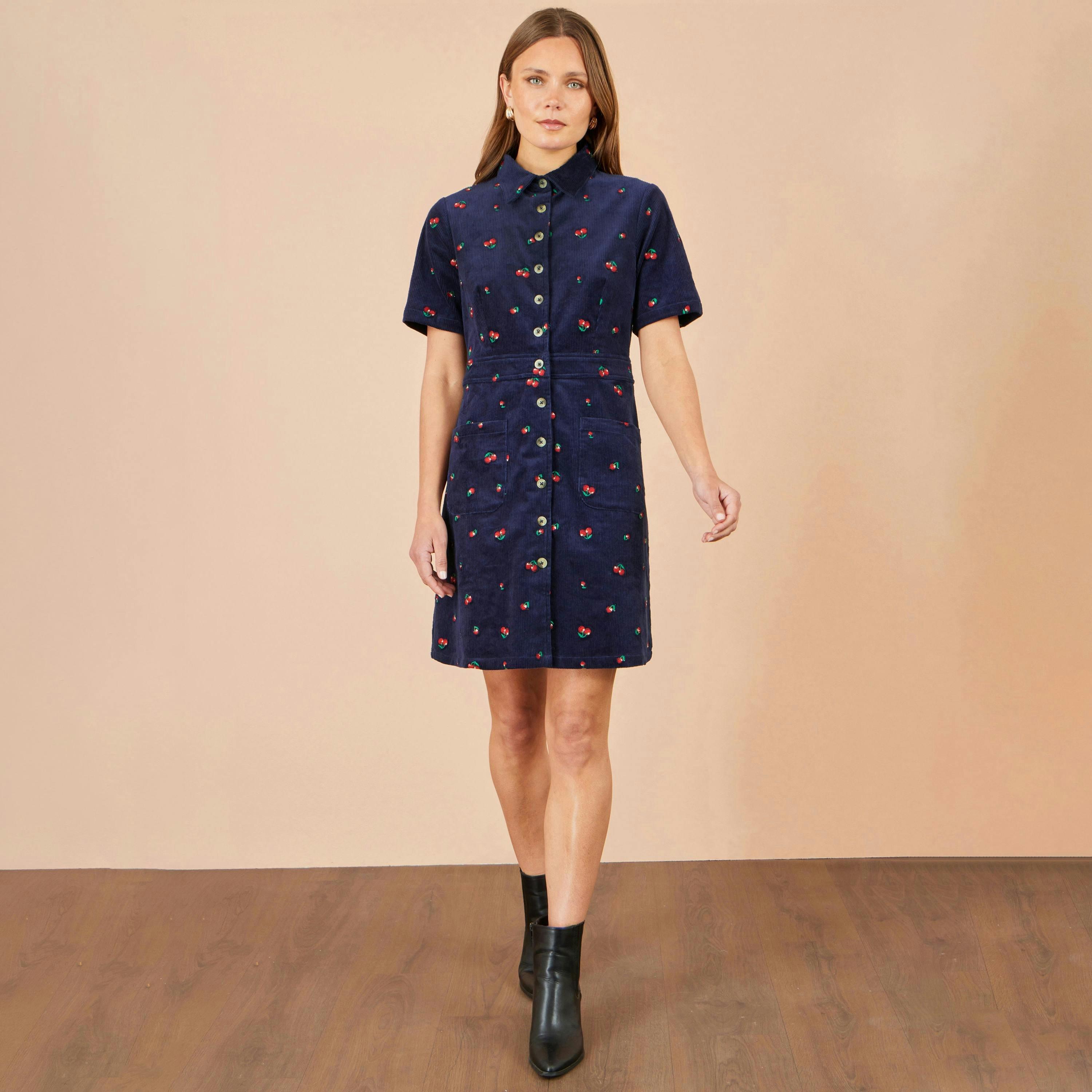 Yumi Navy Embroidered Cherry Shirt Dress , view 3 of 5