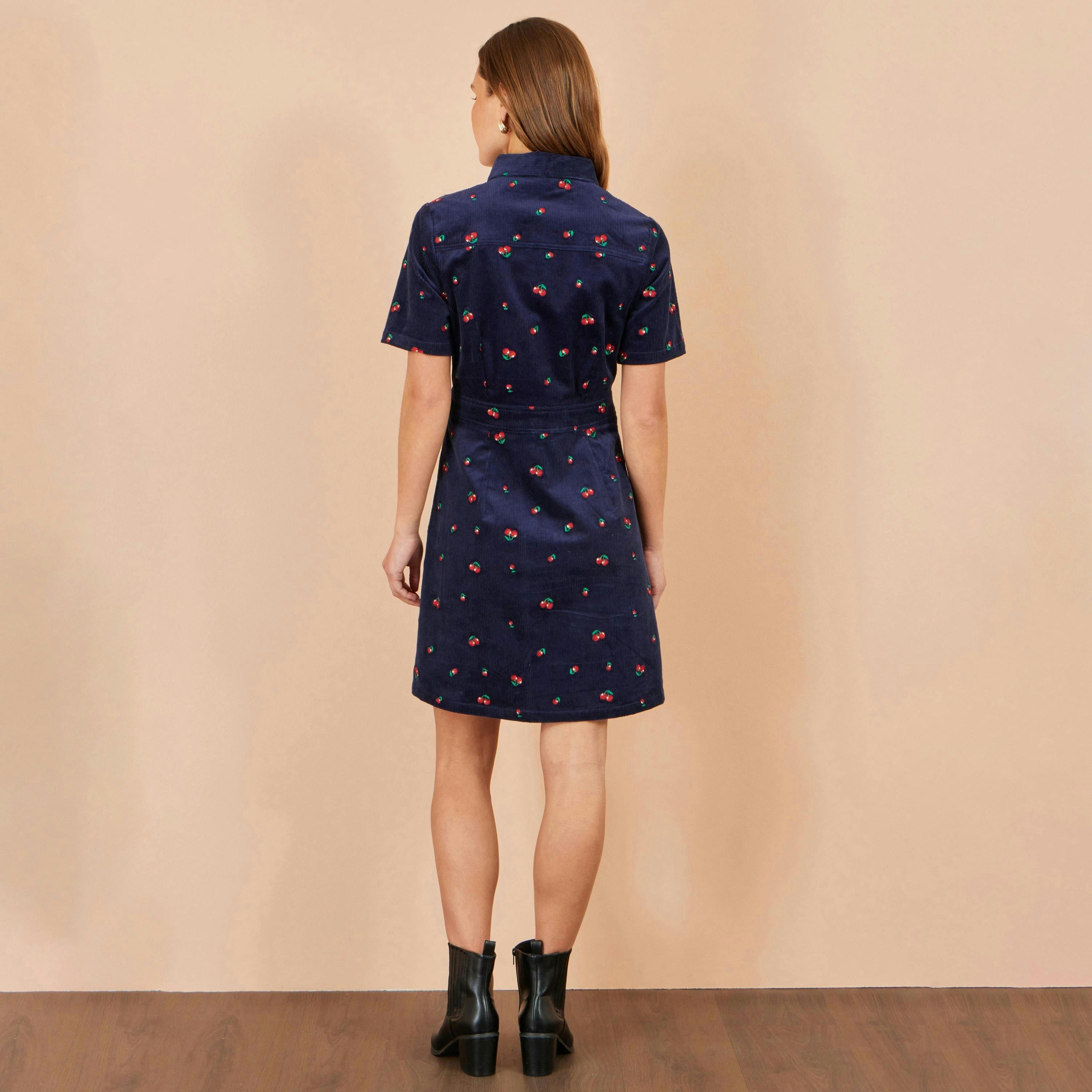 Yumi Navy Embroidered Cherry Shirt Dress , view 4 of 5