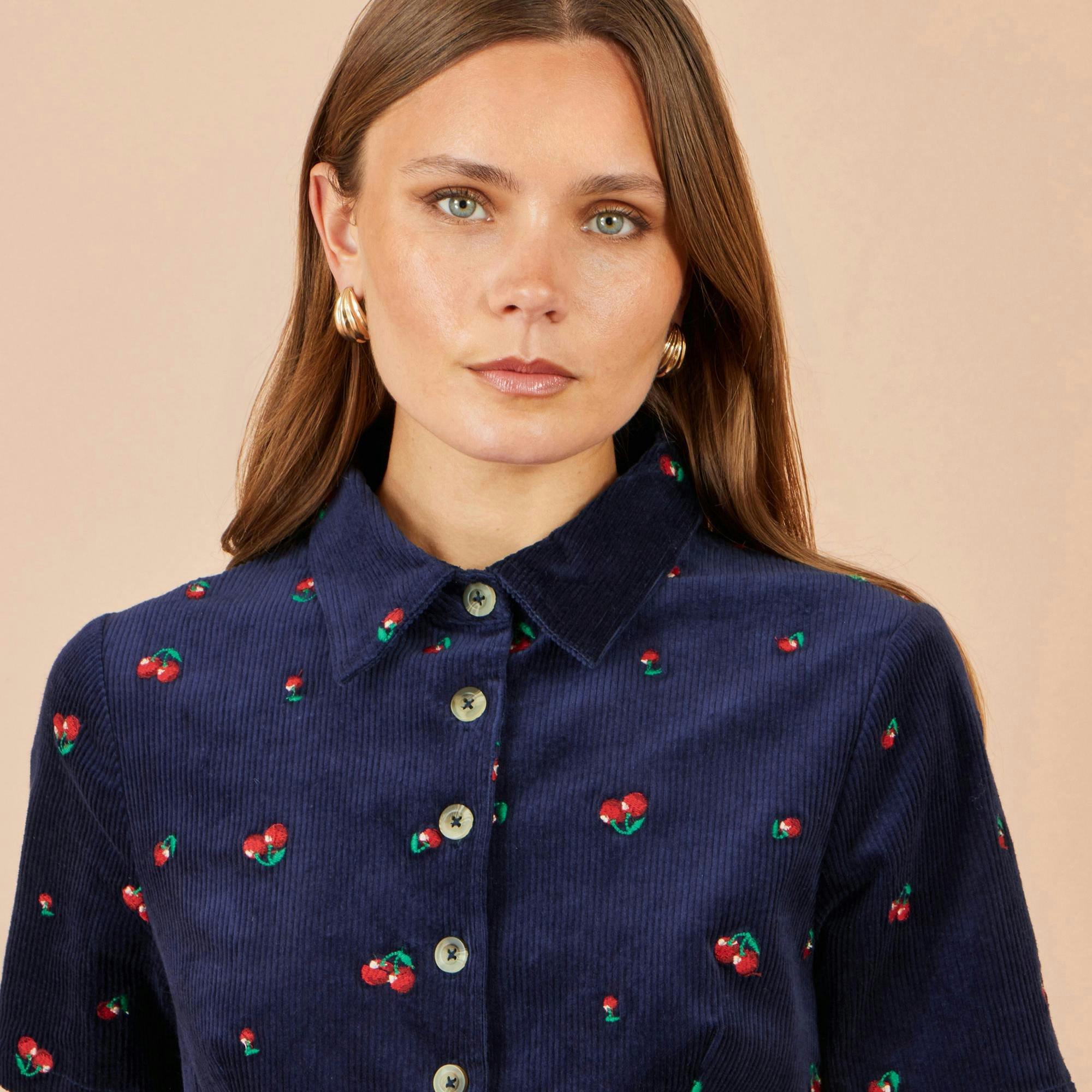 Yumi Navy Embroidered Cherry Shirt Dress , view 5 of 5