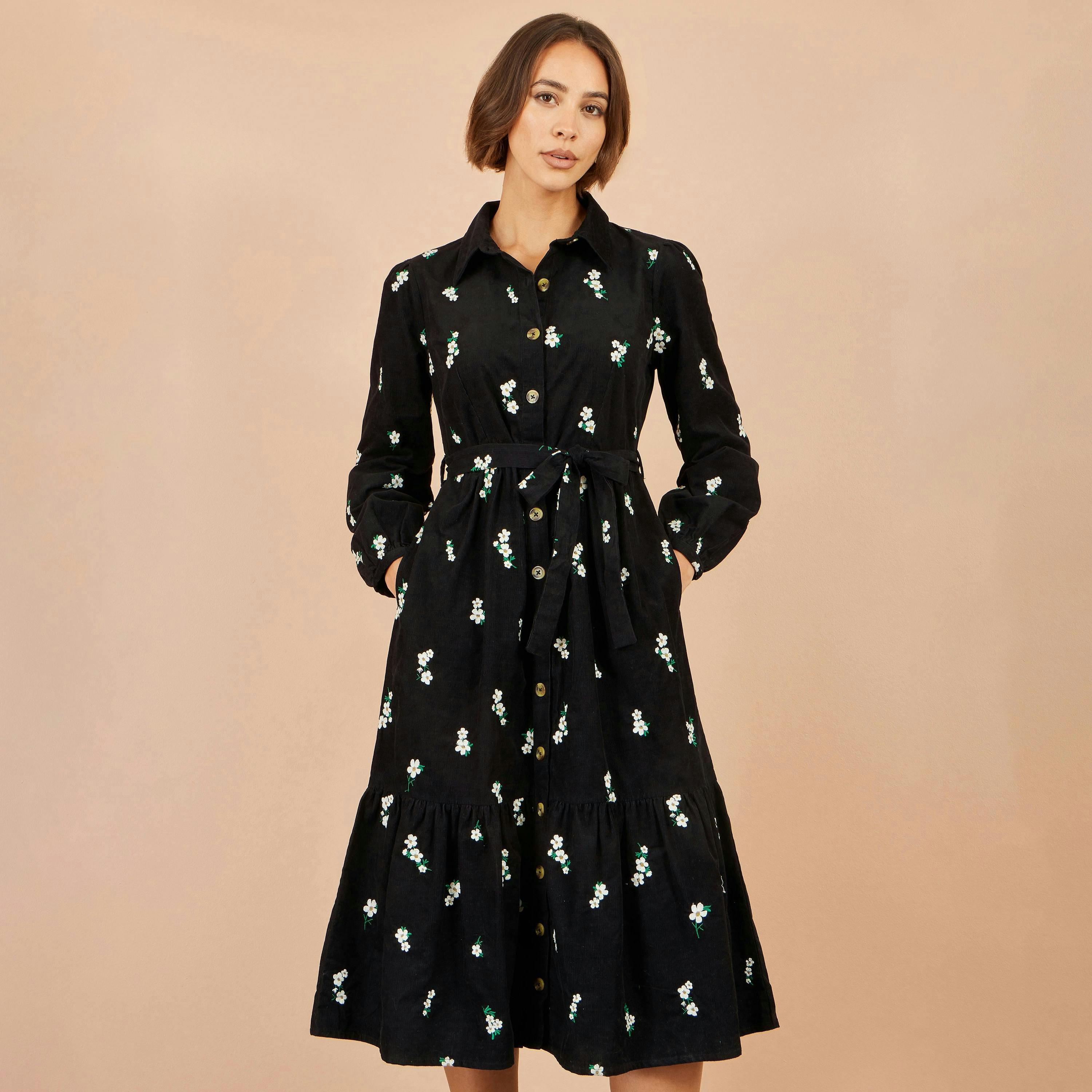 Yumi Black Daisy Embroidered Cord Shirt Dress , view 2 of 6