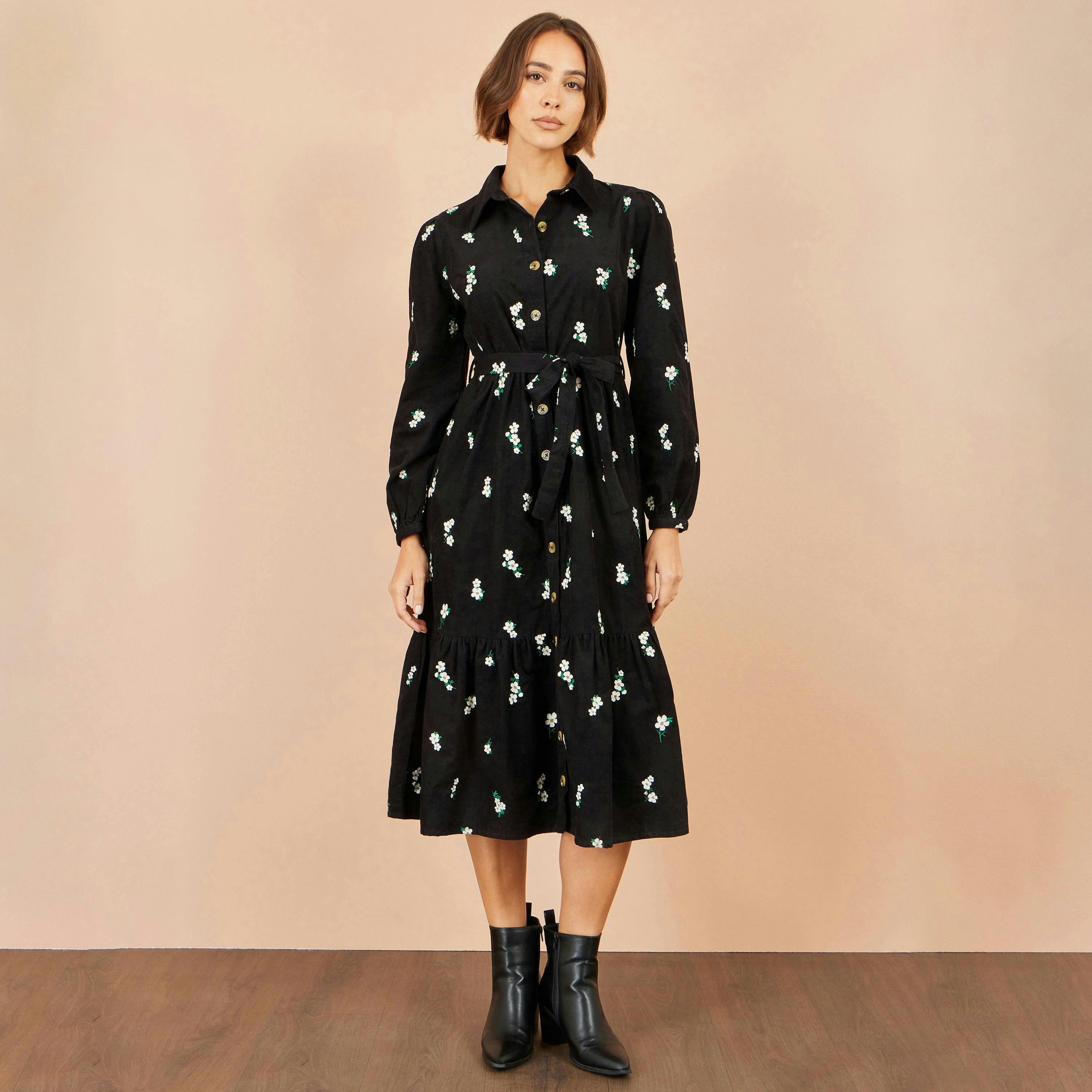 Yumi Black Daisy Embroidered Cord Shirt Dress , view 3 of 6