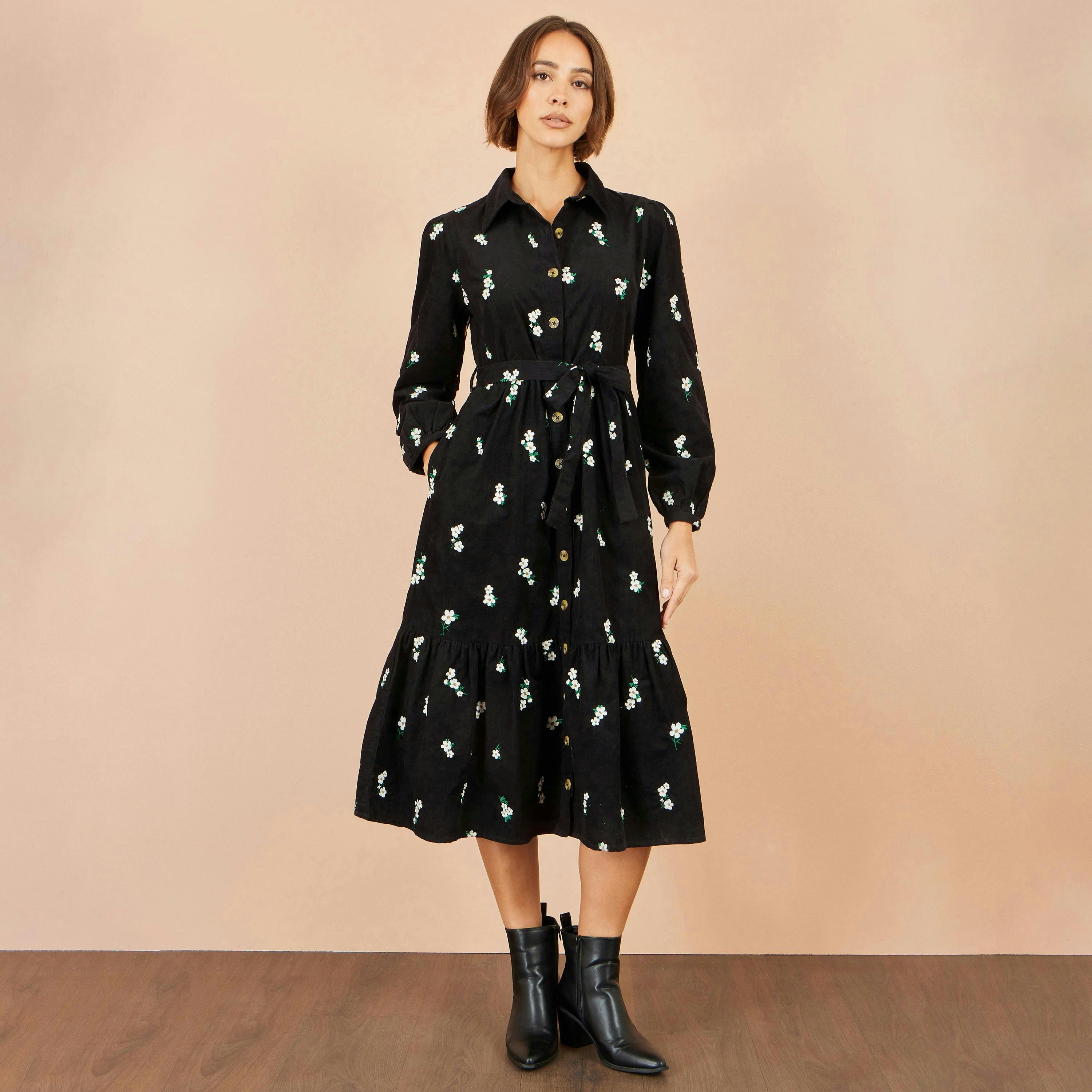Yumi Black Daisy Embroidered Cord Shirt Dress , view 4 of 6