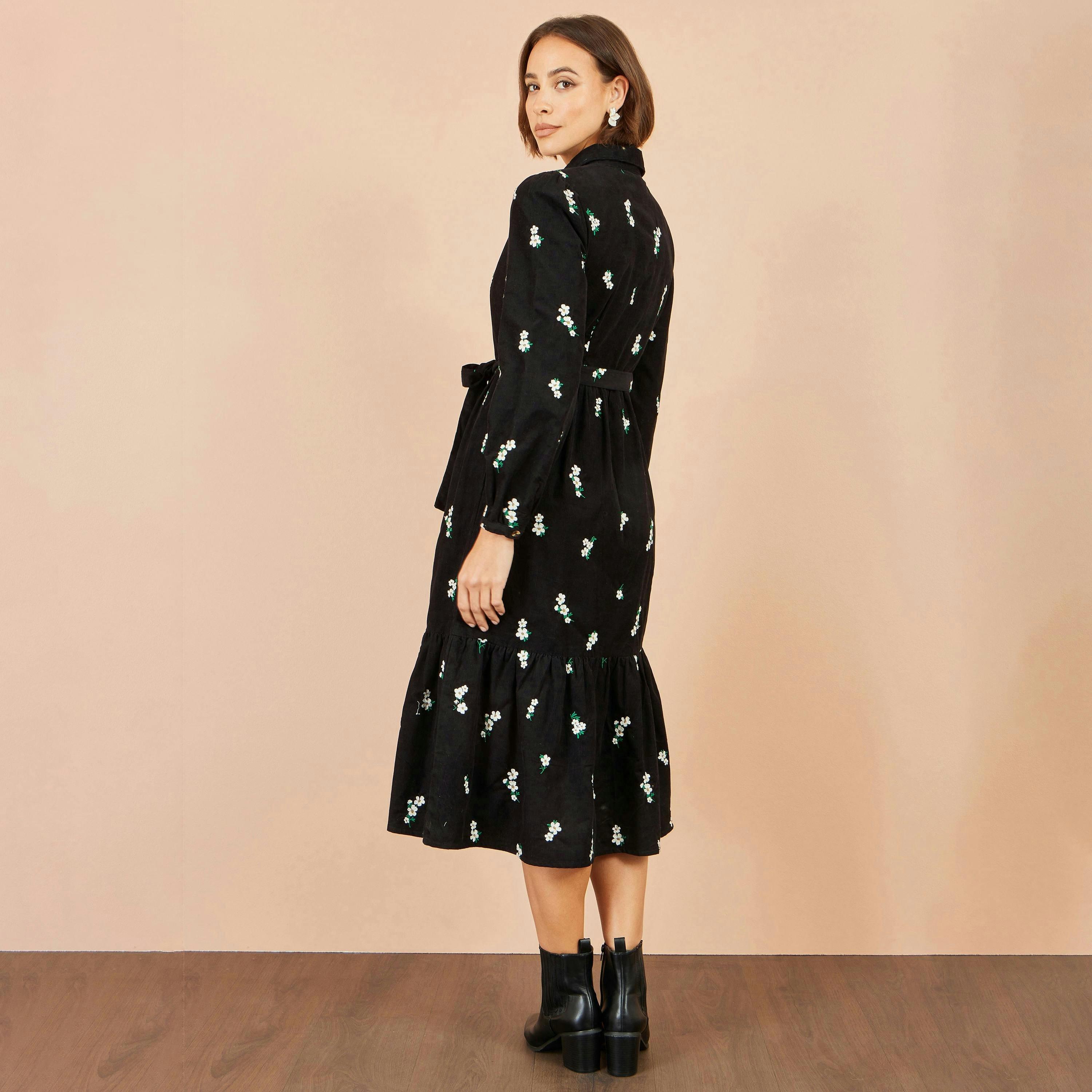 Yumi Black Daisy Embroidered Cord Shirt Dress , view 5 of 6