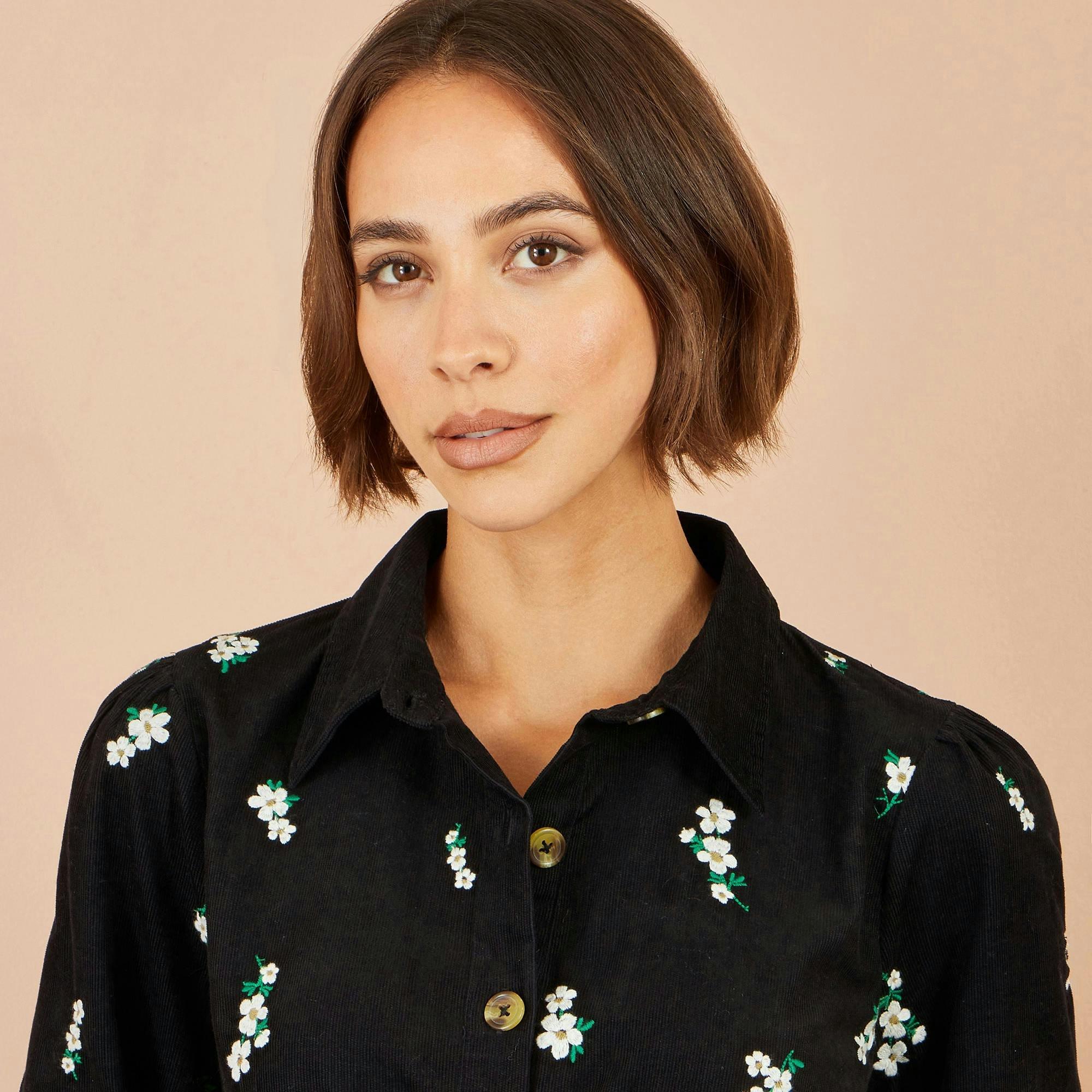 Yumi Black Daisy Embroidered Cord Shirt Dress , view 6 of 6