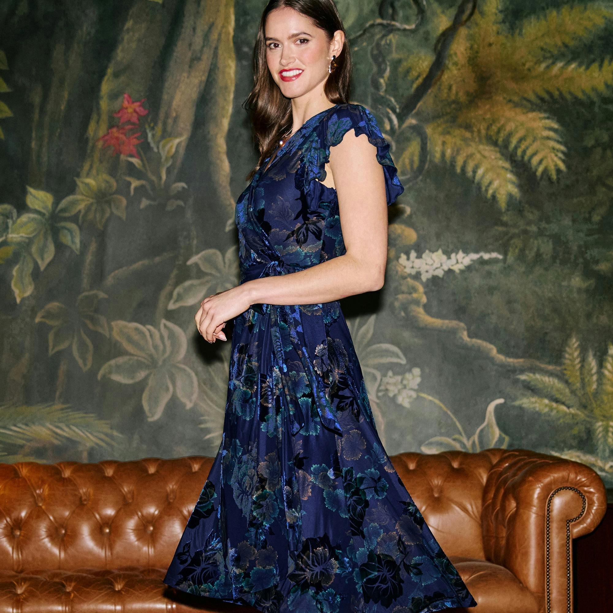 Yumi Blue Velvet Floral Wrap Midi Dress , view 2 of 6