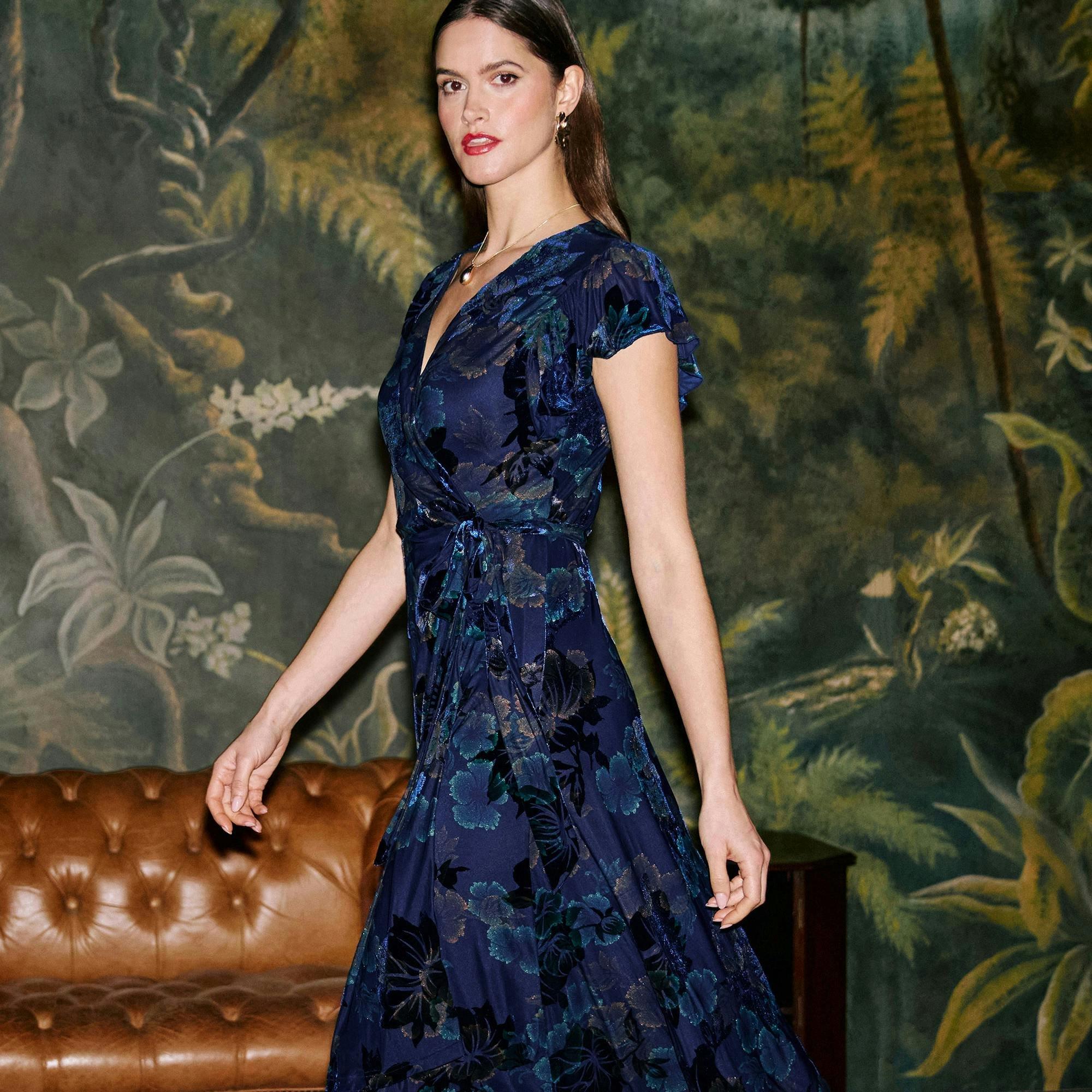 Yumi Blue Velvet Floral Wrap Midi Dress , view 3 of 6