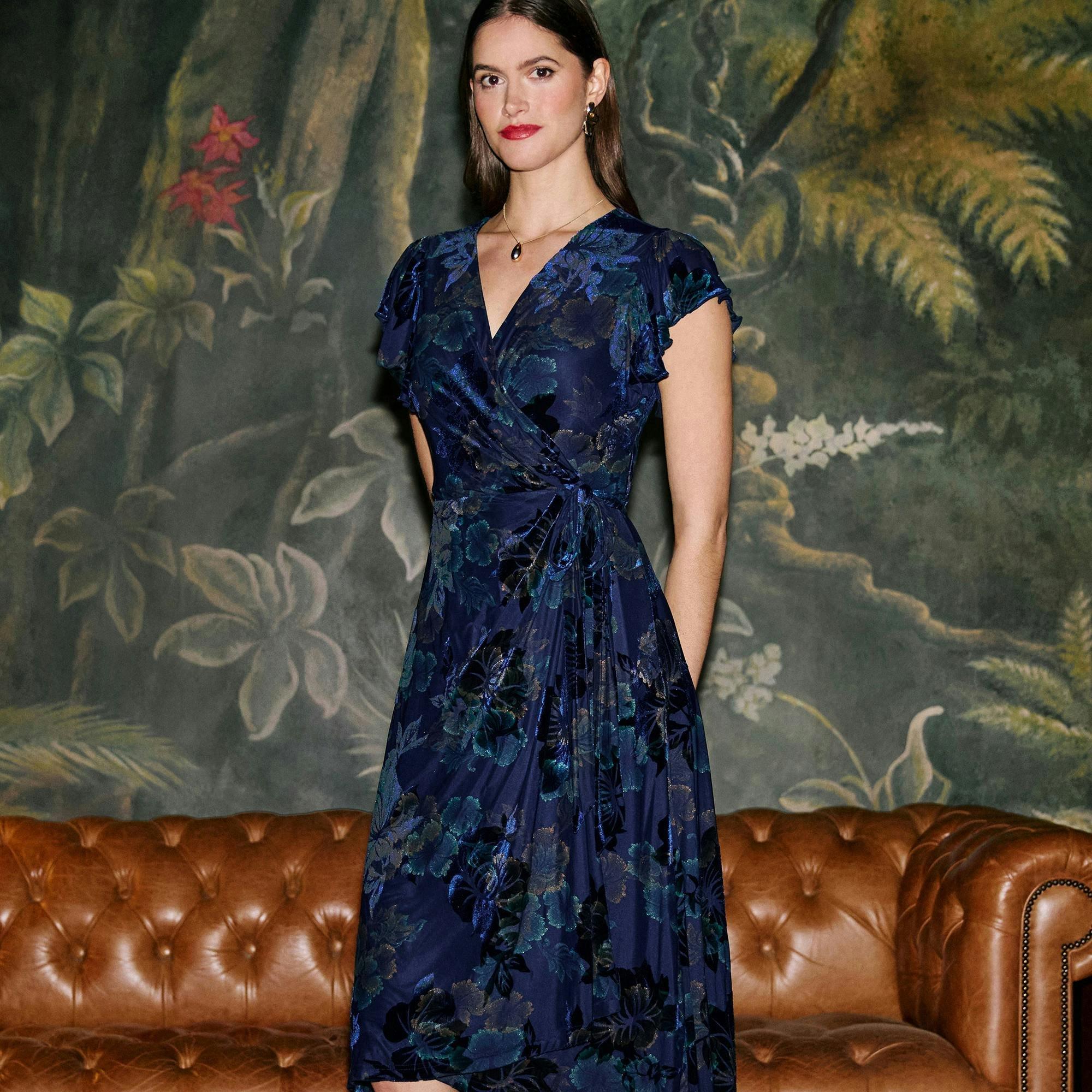 Yumi Blue Velvet Floral Wrap Midi Dress , view 4 of 6
