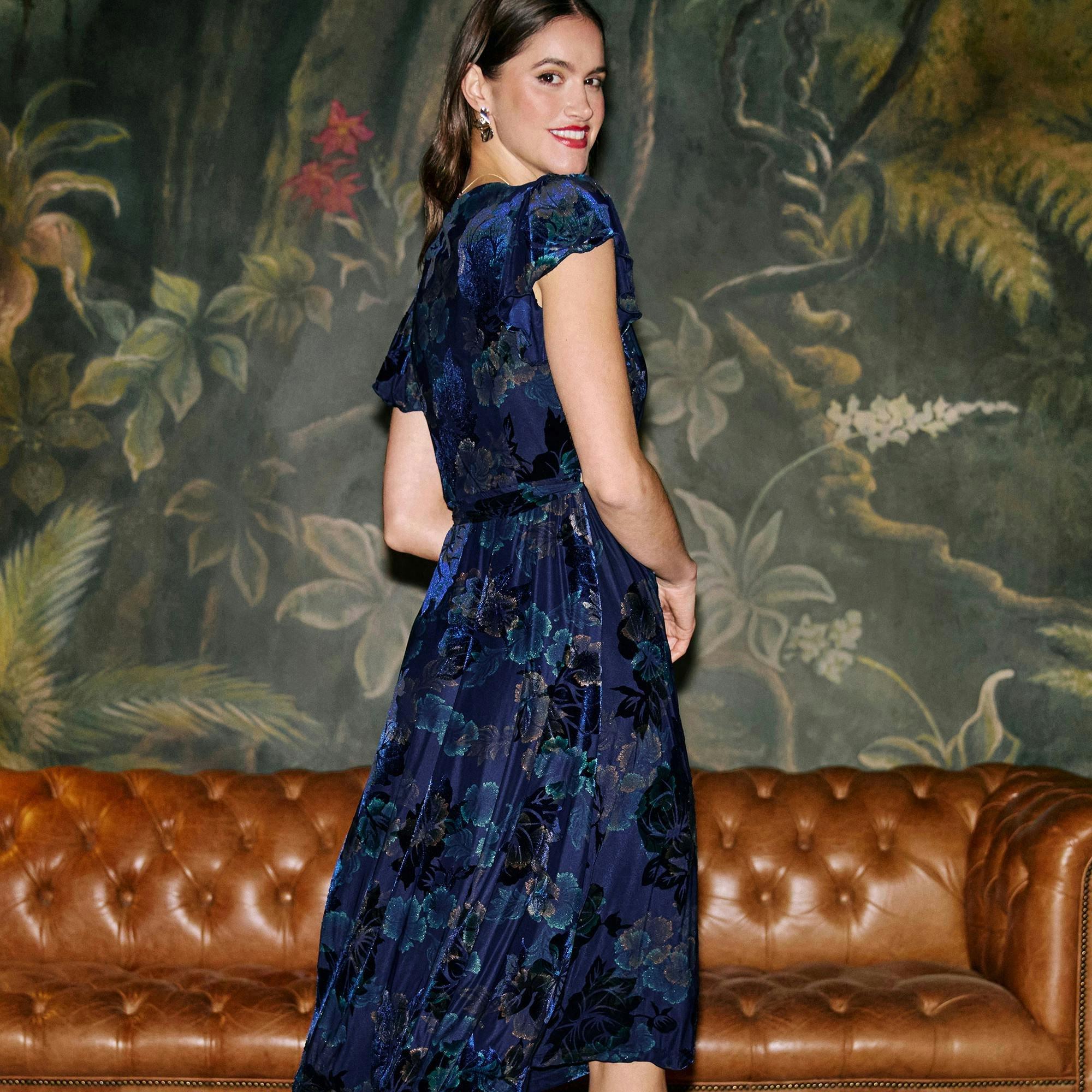 Yumi Blue Velvet Floral Wrap Midi Dress , view 5 of 6