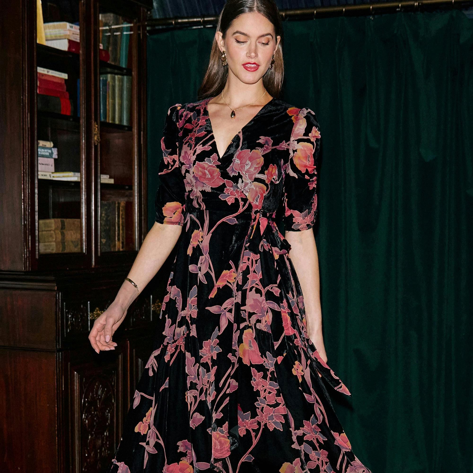 Yumi Velvet Floral Wrap Dress With Ruched Sleeves , view 2 of 4