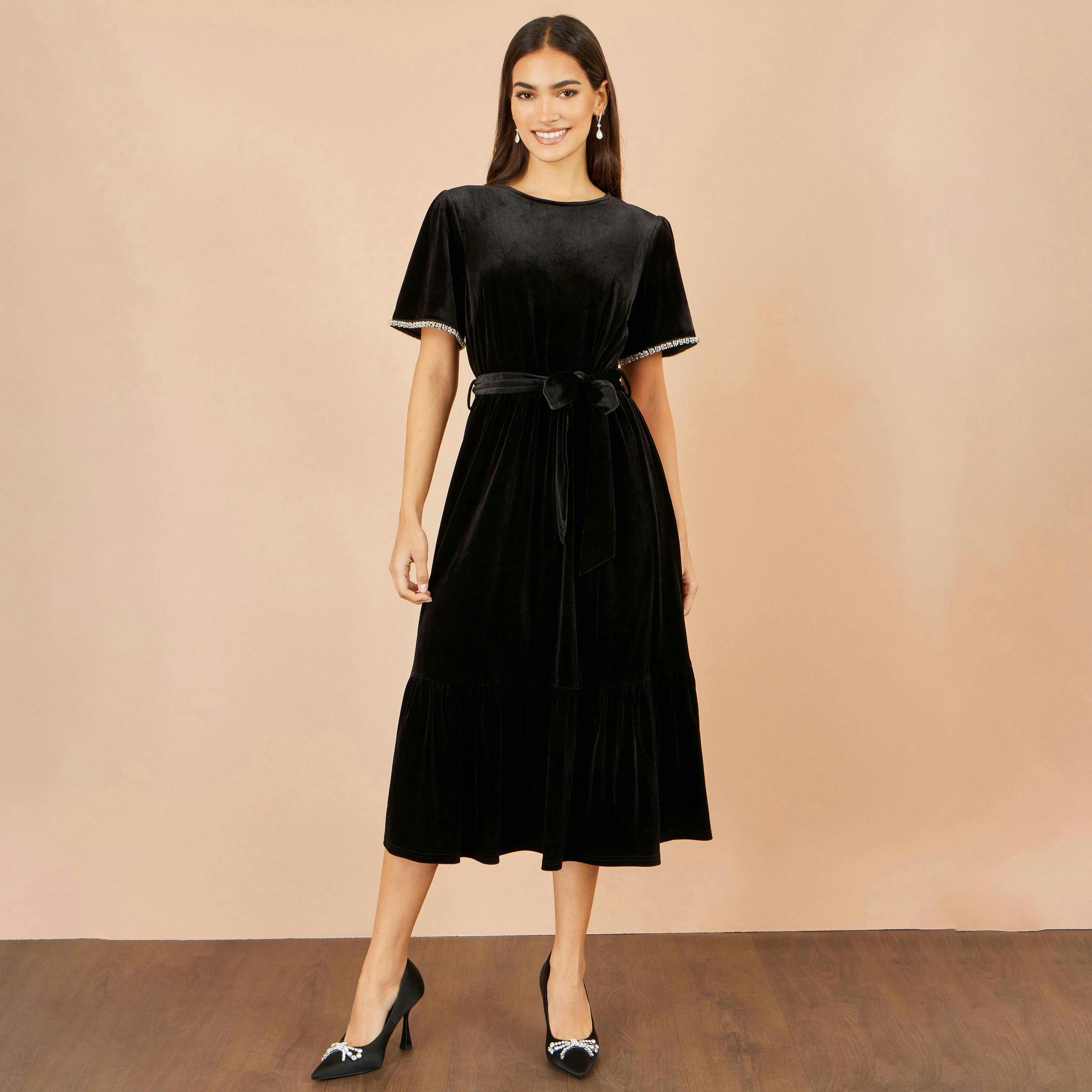 Yumi Black Velvet Midi Dress With Embellished Sleeve , view 2 of 5