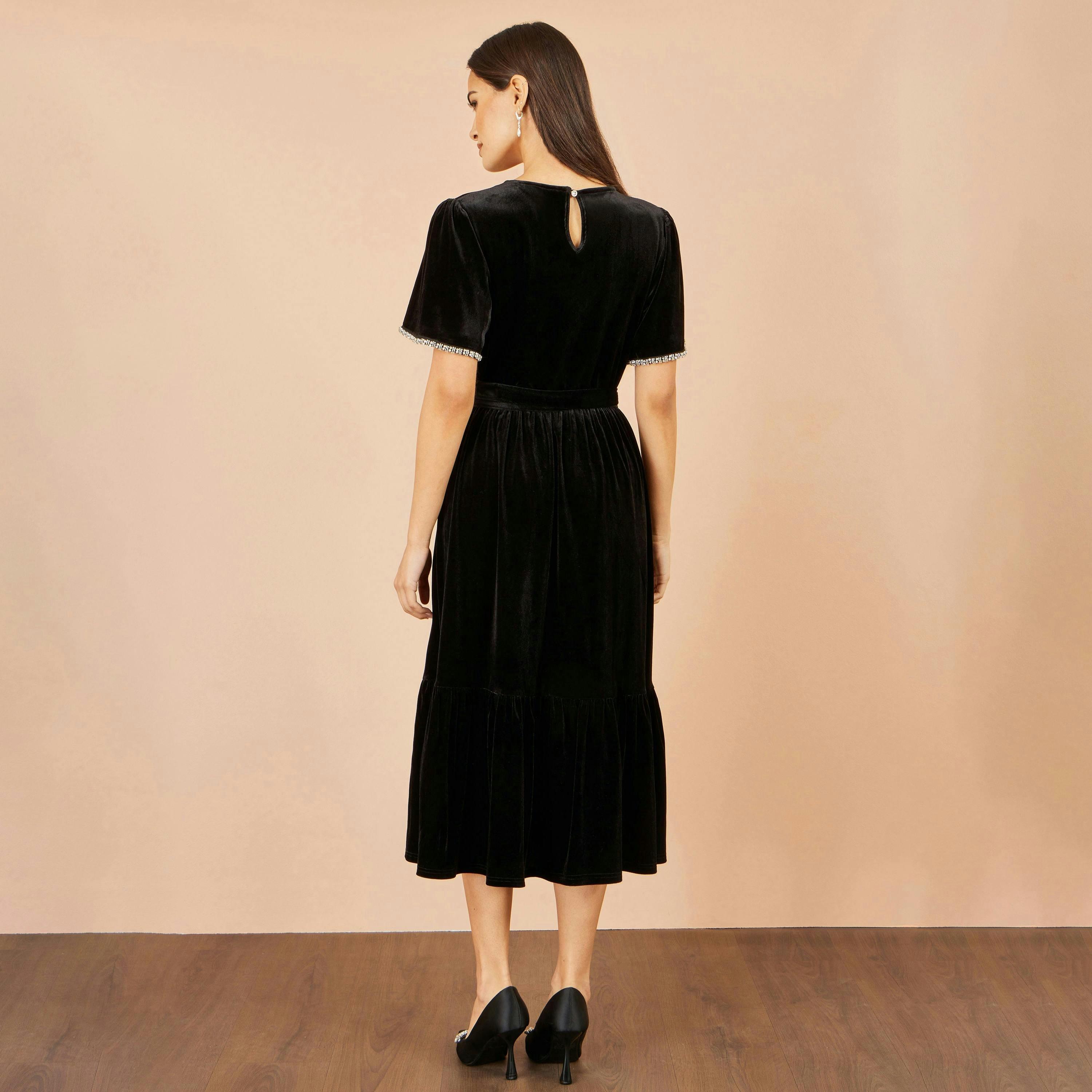 Yumi Black Velvet Midi Dress With Embellished Sleeve , view 3 of 5