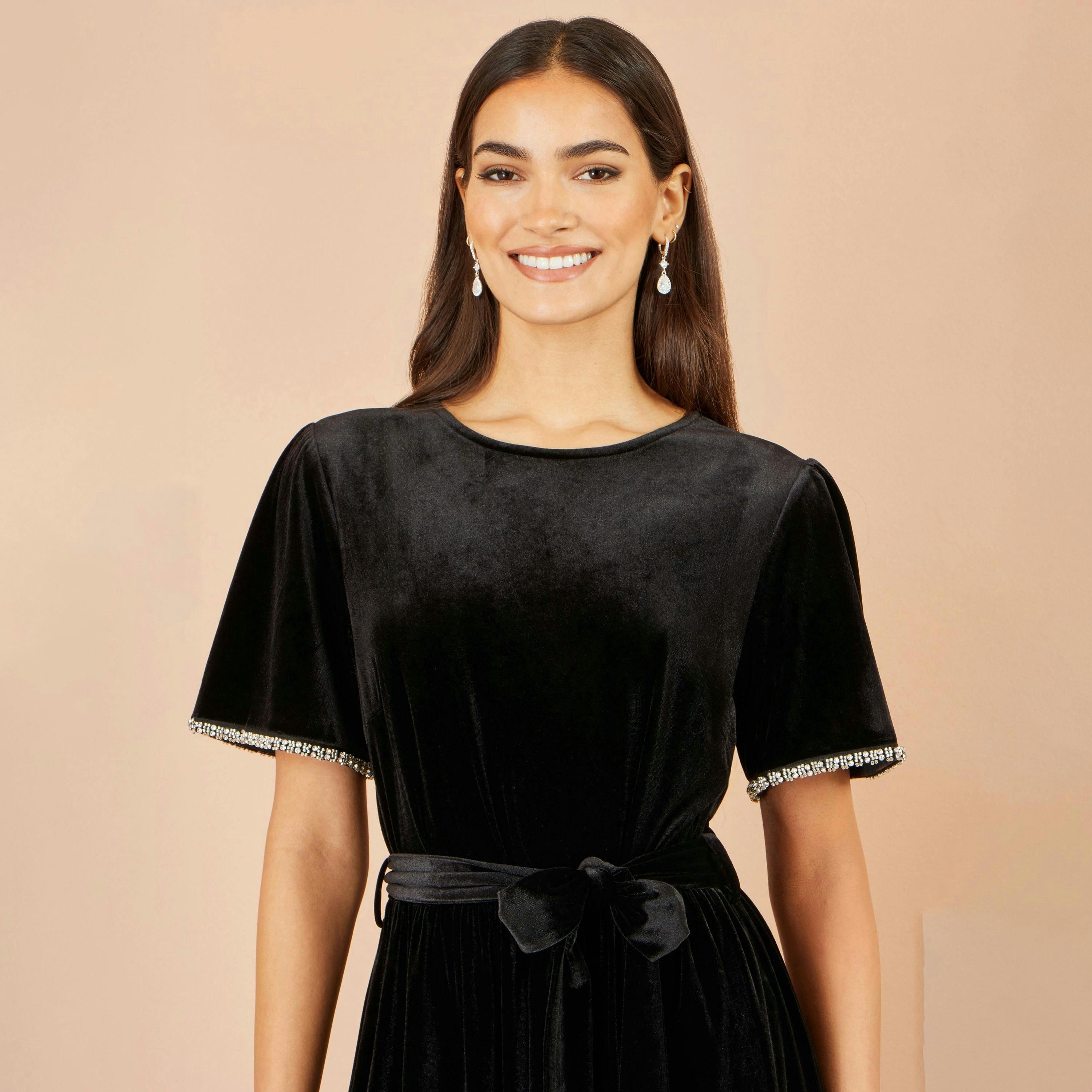 Yumi Black Velvet Midi Dress With Embellished Sleeve , view 5 of 5