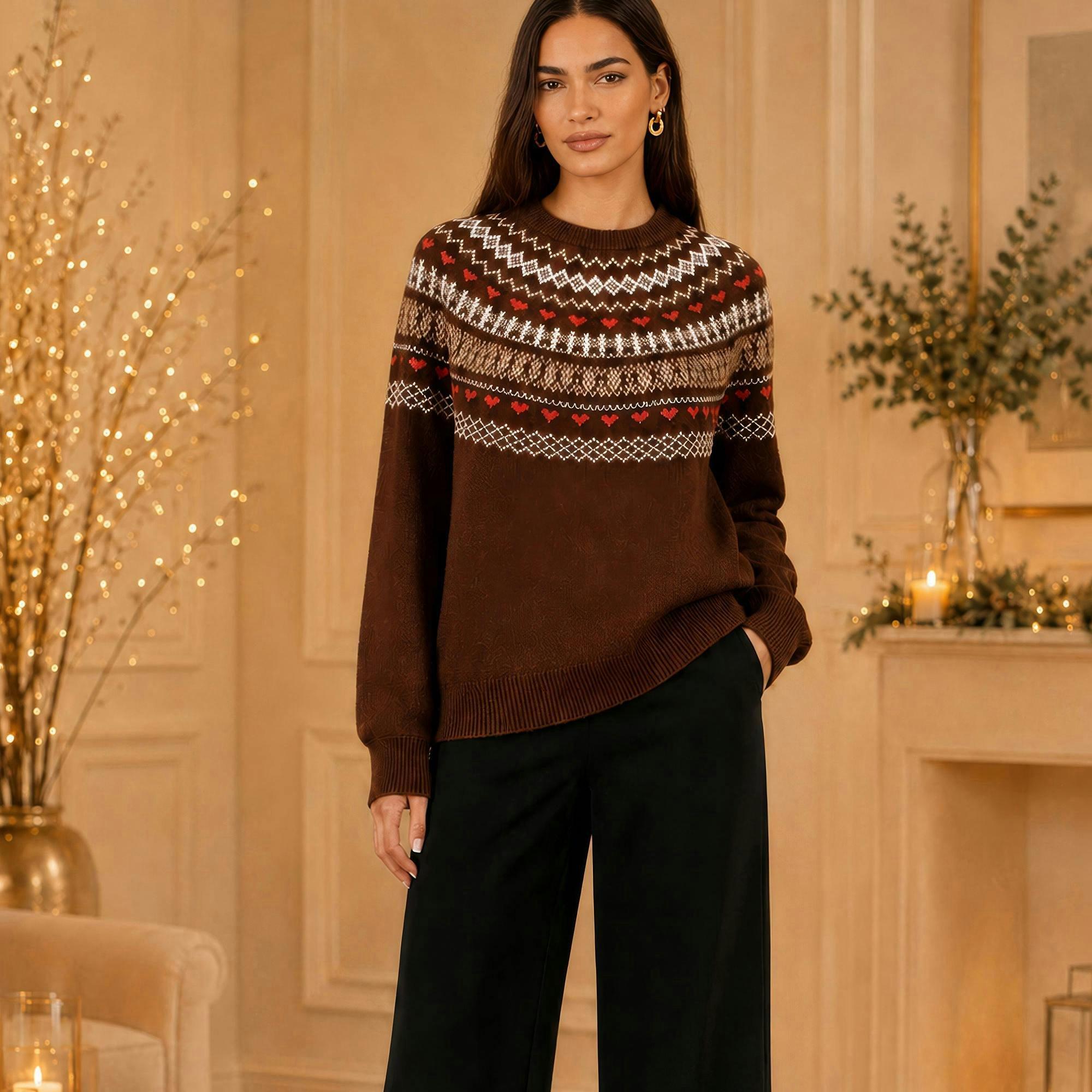 Yumi Brown Relaxed Fairisle Jumper , view 2 of 4