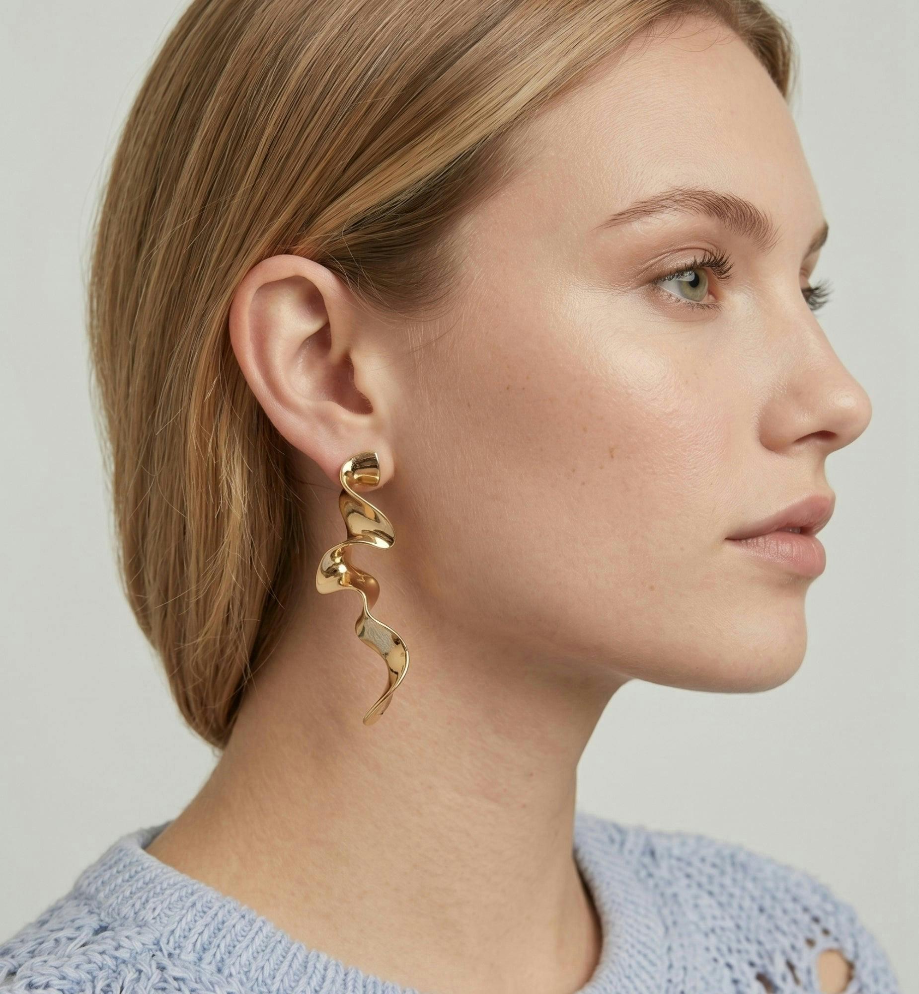 Nami Gold Long Wave Earrings , view 2 of 5