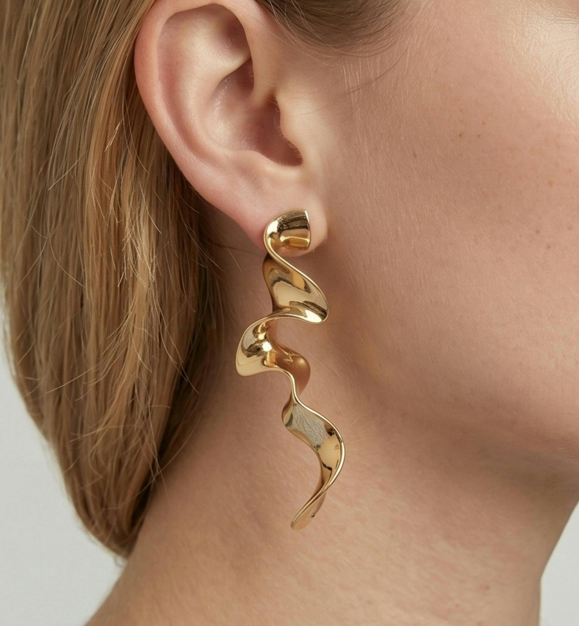 Nami Gold Long Wave Earrings , view 4 of 5